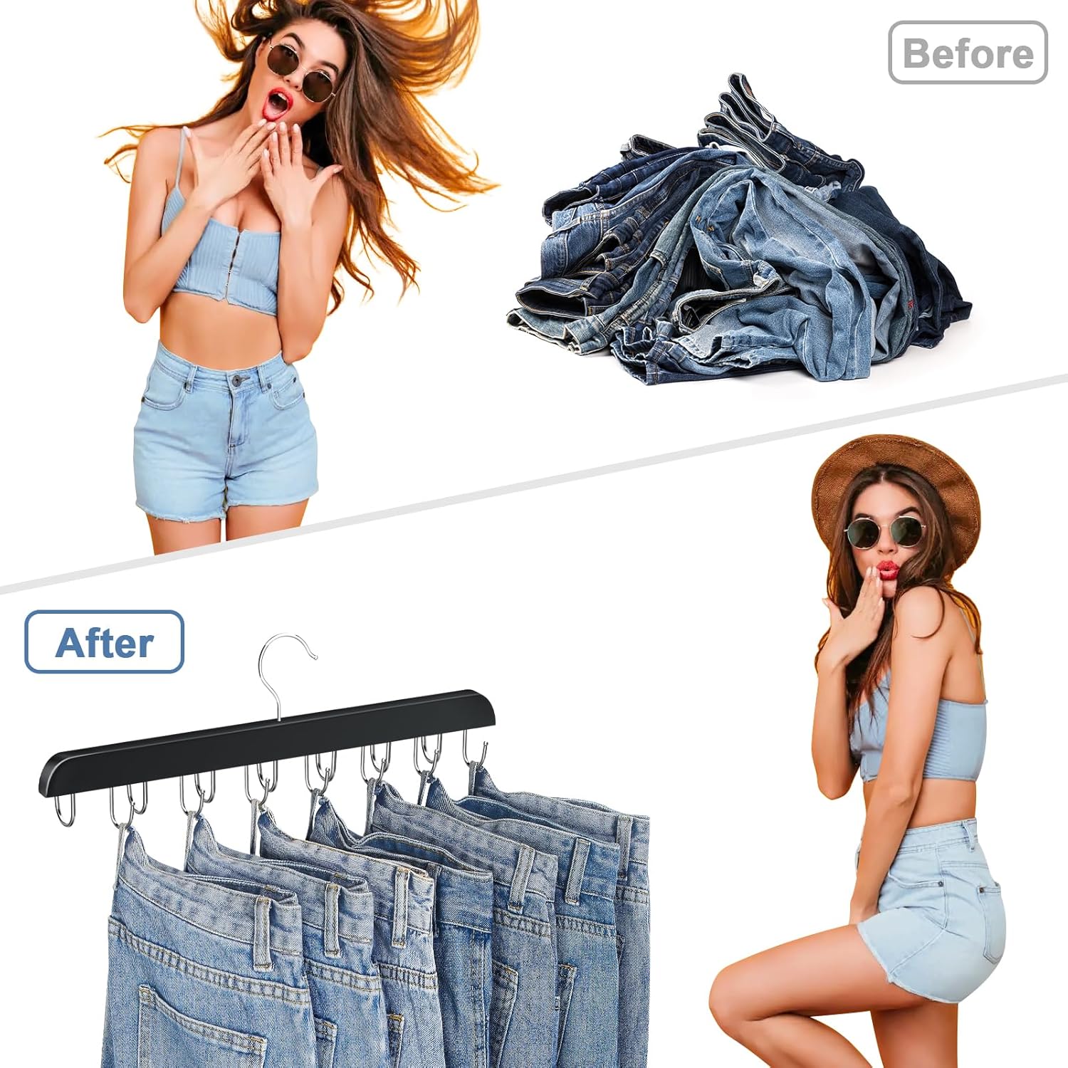 Ganchos para jeans para armario, 14 ganchos de madera para jeans que ahorran espacio, ganchos giratorios de 180 para jeans, faldas, pantalones