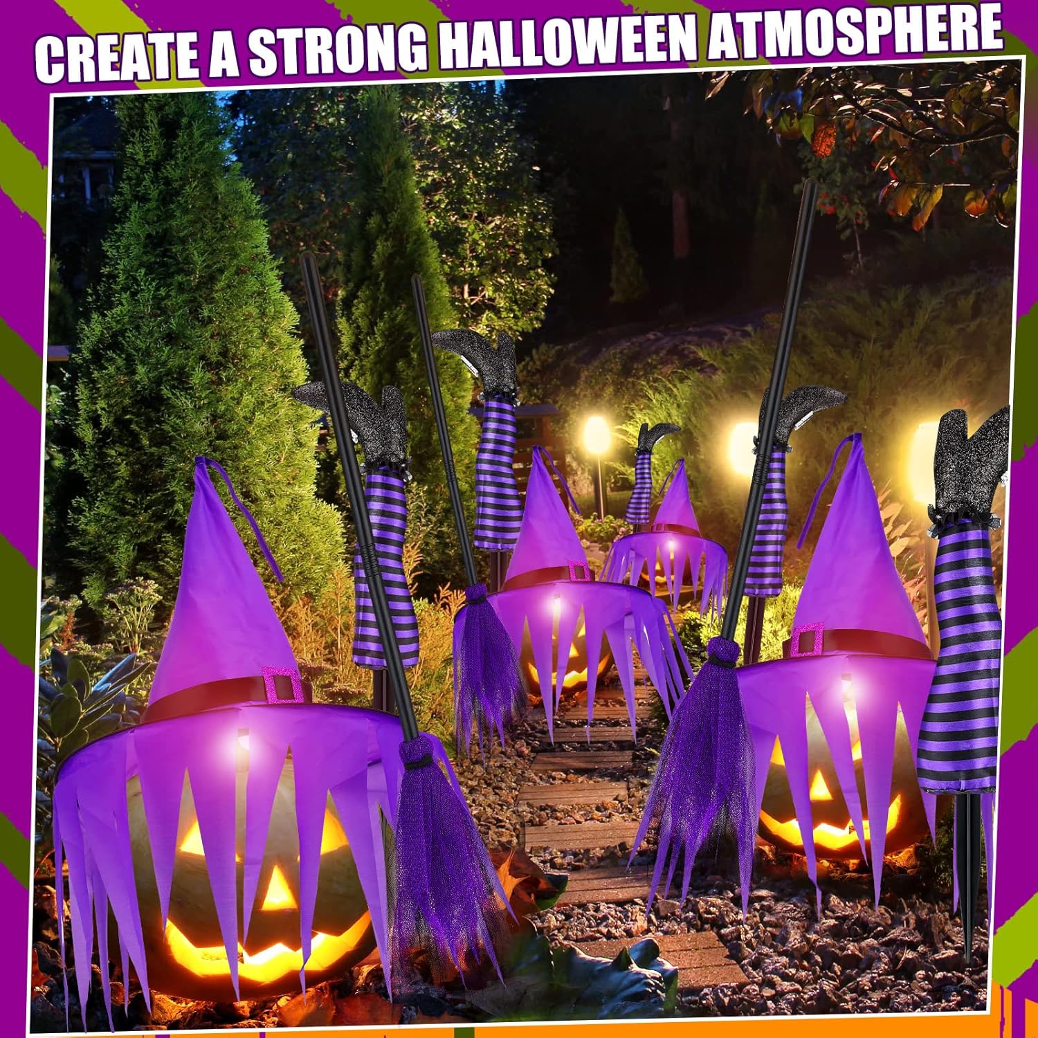 Juego de 4 piezas de patas de bruja boca abajo para Halloween, patas de bruja moradas malvadas, decoraciones con escoba y sombrero de bruja para