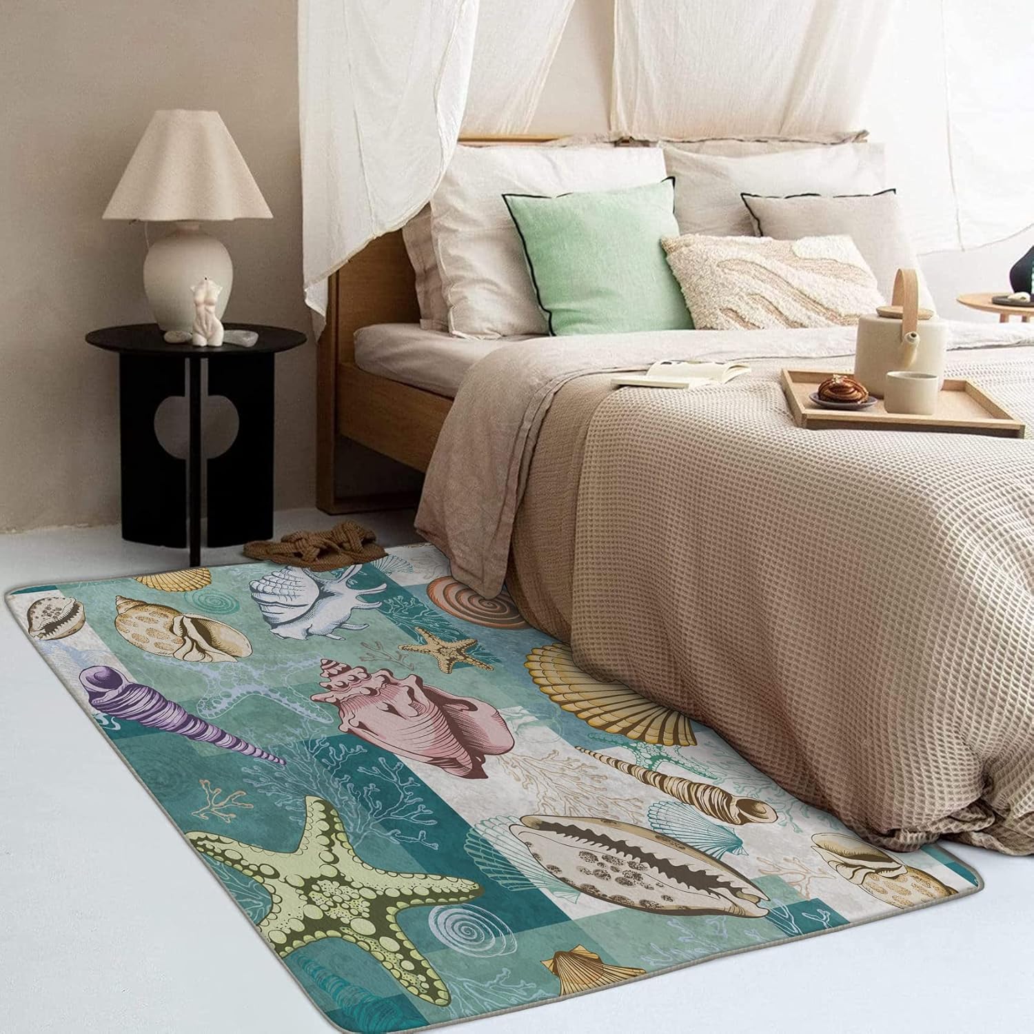 Alfombras lavables para entrada, sala de estar, dormitorio, alfombra temática de playa y decoración del hogar, alfombra de área de conchas marinas
