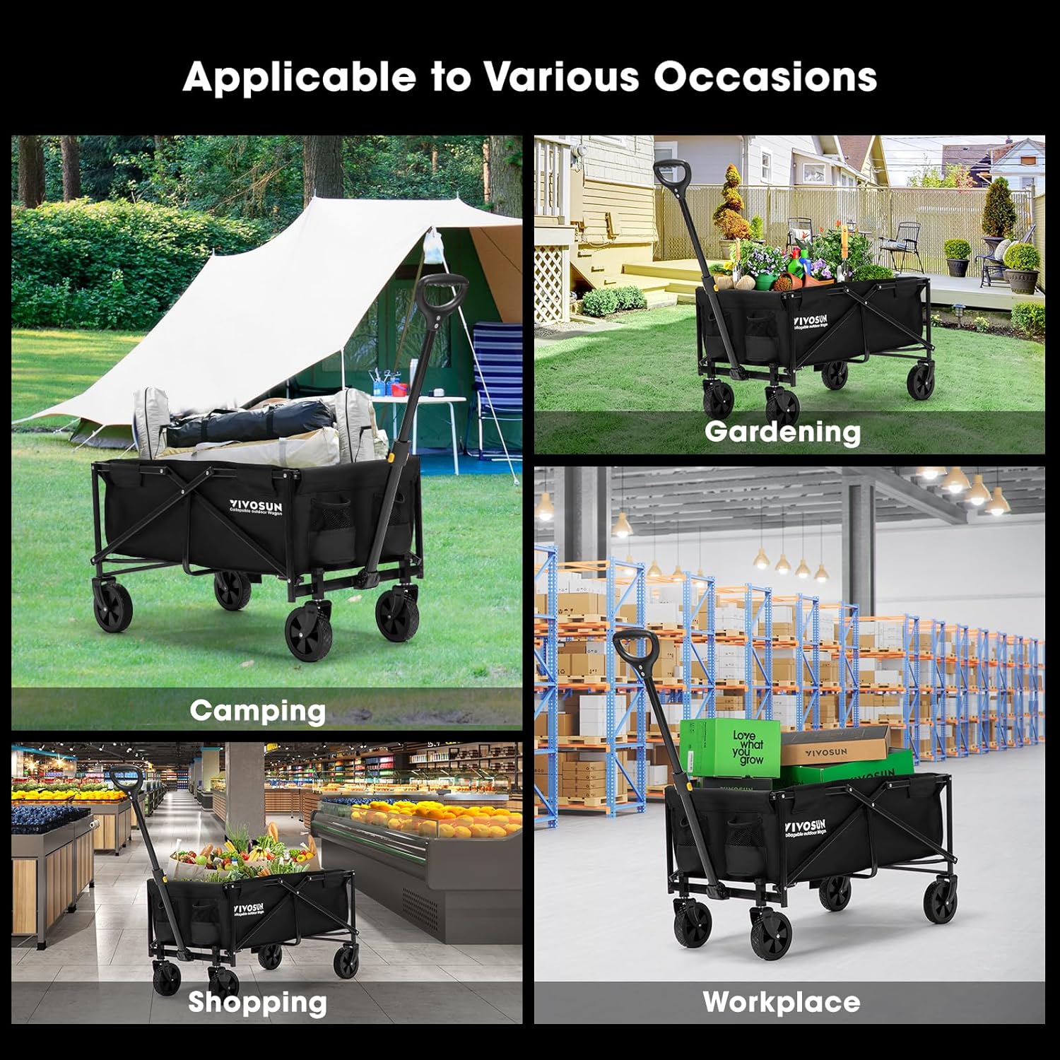 VIVOSUN Carro plegable plegable, utilidad al aire libre con ruedas todo terreno, mango ajustable, portavasos y bolsillos laterales, para campamento,