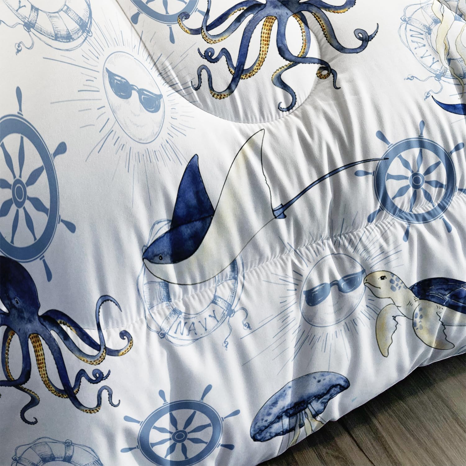 CVHOUSE Juego de edredón costero tamaño Queen, juego de ropa de cama con temática náutica azul para niños, juego de edredón de ancla oceánica, juego