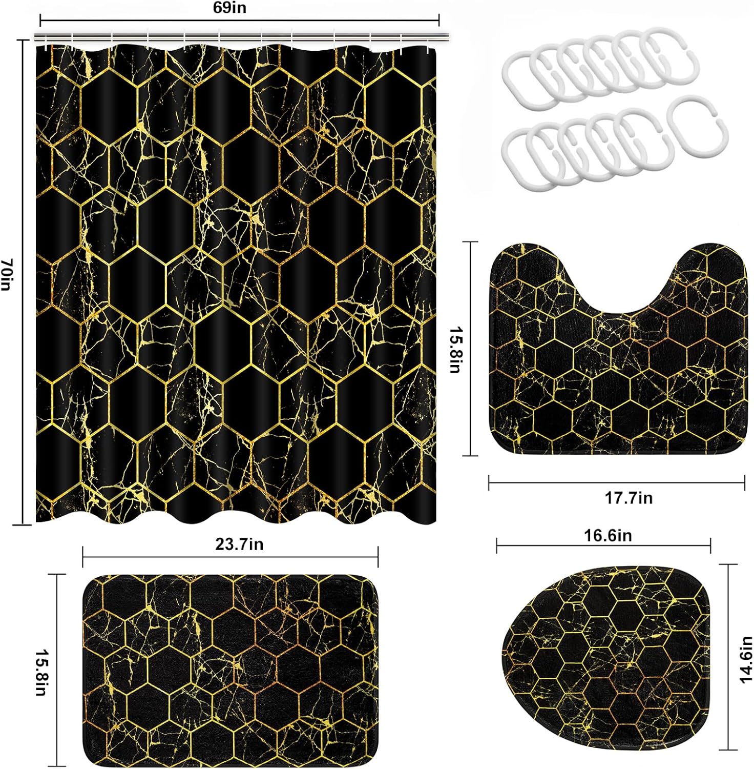 Likiyol Juego de 4 cortinas de ducha negras y doradas con alfombras antideslizantes, cubierta para tapa de inodoro y tapete de baño, modernos juegos