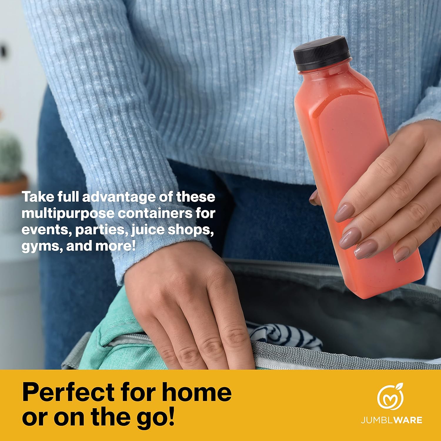JumblWare Juego de 40 botellas reutilizables de jugo de plástico transparente de 16 onzas con embudo, cepillo de limpieza y etiquetas para el