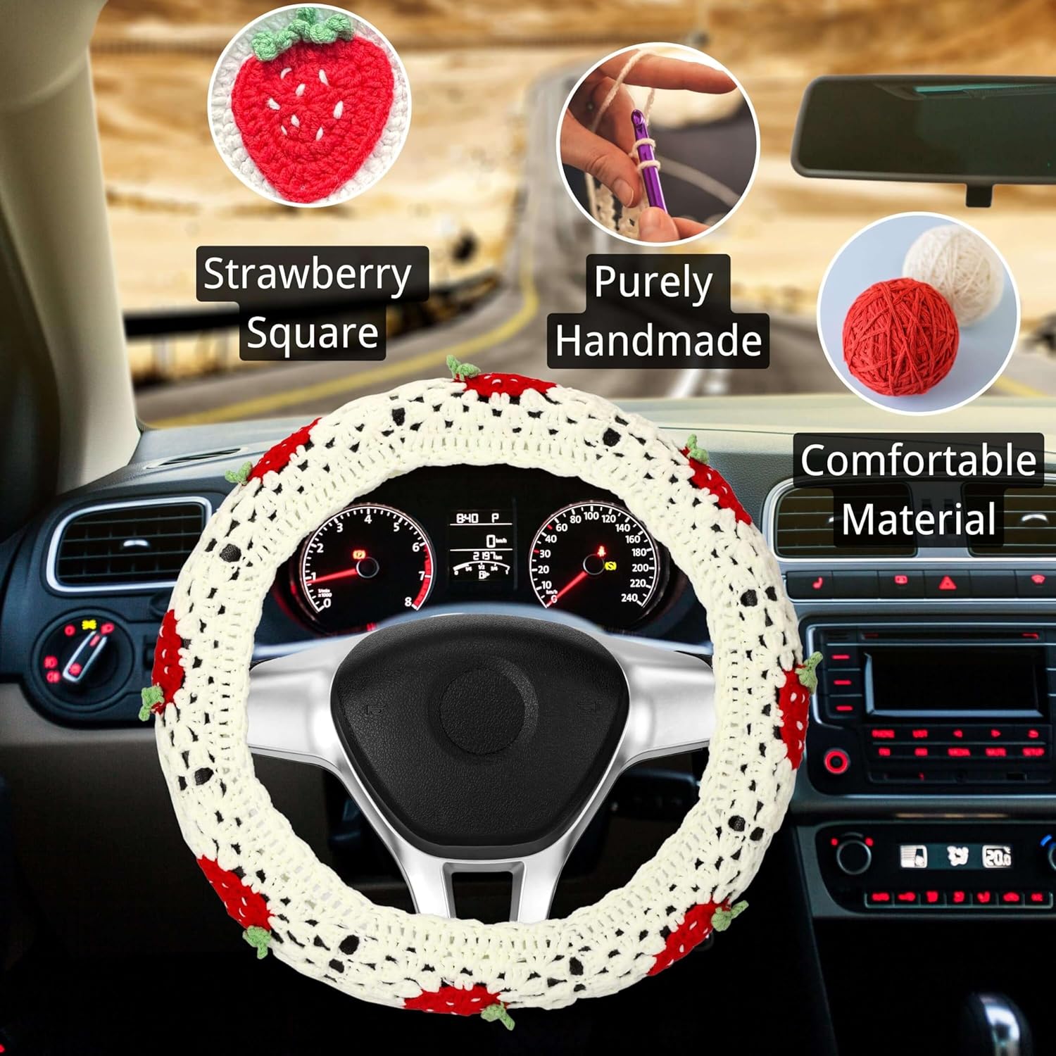 Juego de fundas de ganchillo para volante de automóvil, diseño bohemio de 14 a 15 pulgadas, diseño cuadrado de fresa blanca, accesorios de automóvil