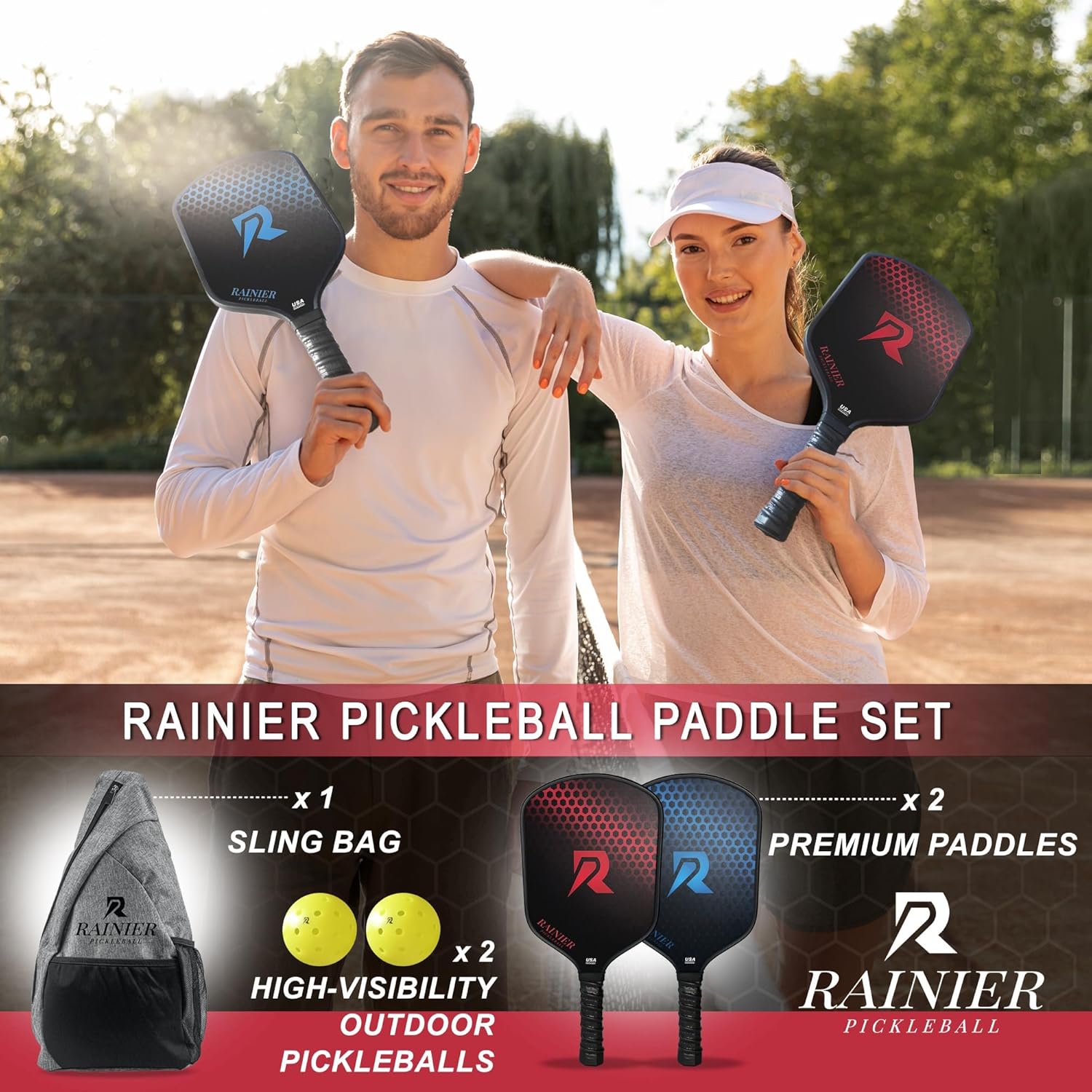 Juego de 2 palas de pickleball  0.630 in de fibra de vidrio reforzada aprobada por USAPA  2 bolas de pickleball al aire libre  Bolsa de transporte