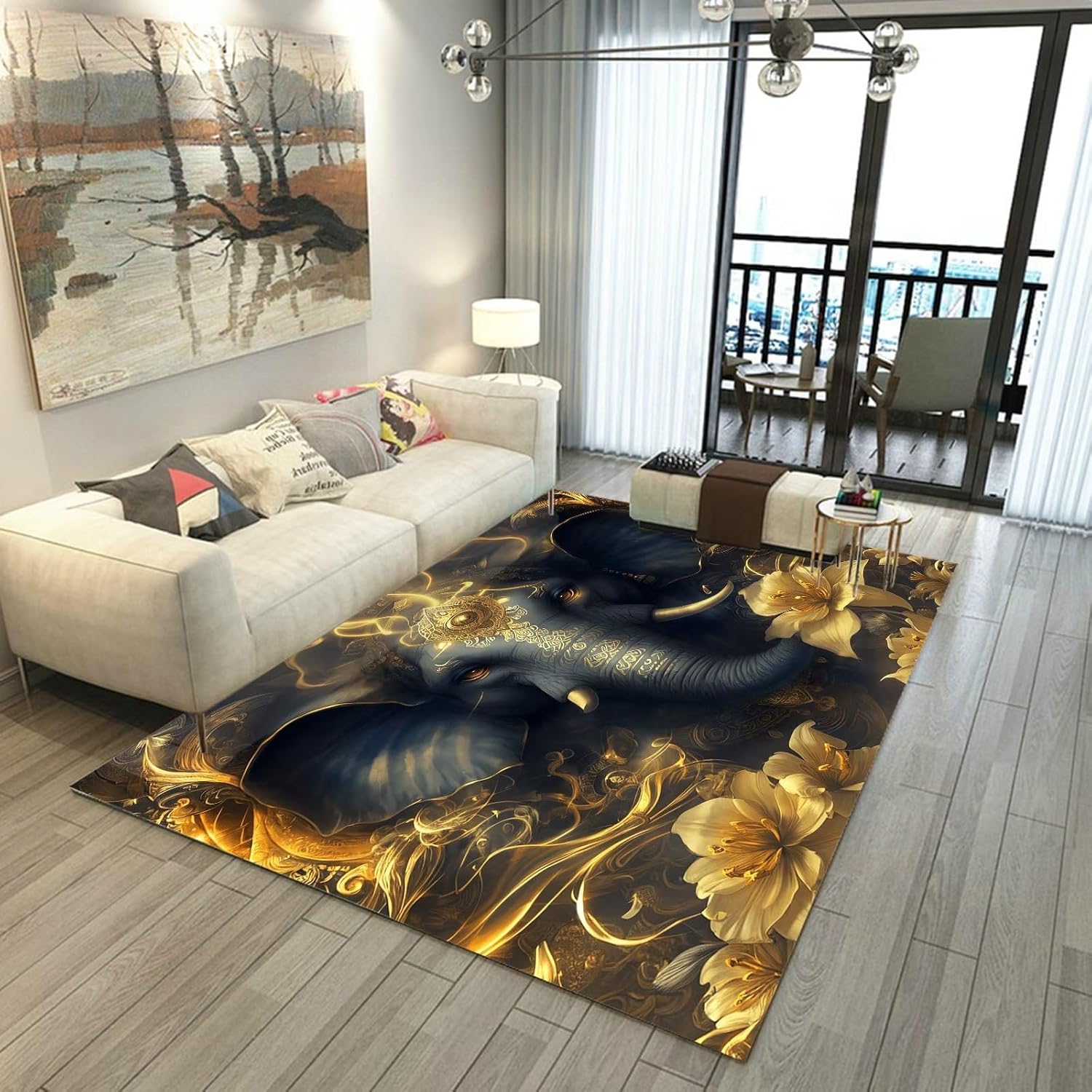 Alfombra de elefante africano, alfombra de flores doradas opulentas para sala de estar, dormitorio, oficina, antideslizante, lavable, tapete para