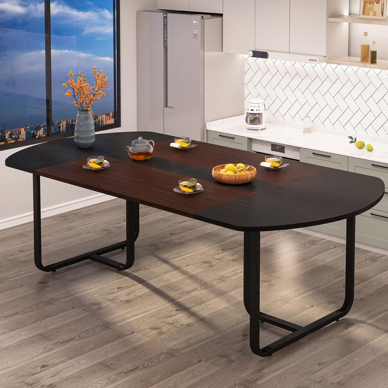 Tribesigns Mesa de comedor ovalada moderna de 70.86 pulgadas con tablero de empalme de acabado nogal y negro, mesas de cocina curvadas para 6-8,