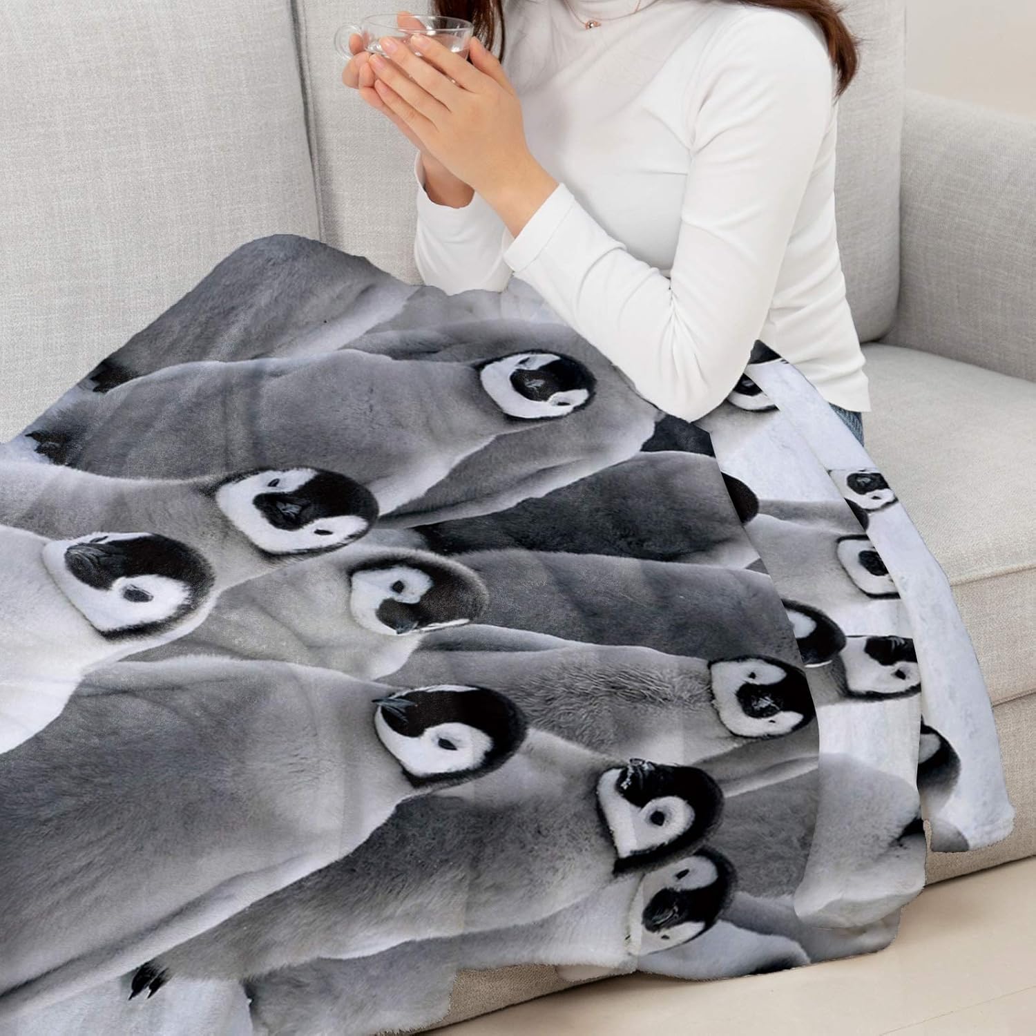 Manta de franela de vellón gris de pingüino, suave, acogedora, cómoda, cálida, linda, ligera, para mujeres, adultos, niñas, regalos de invierno,