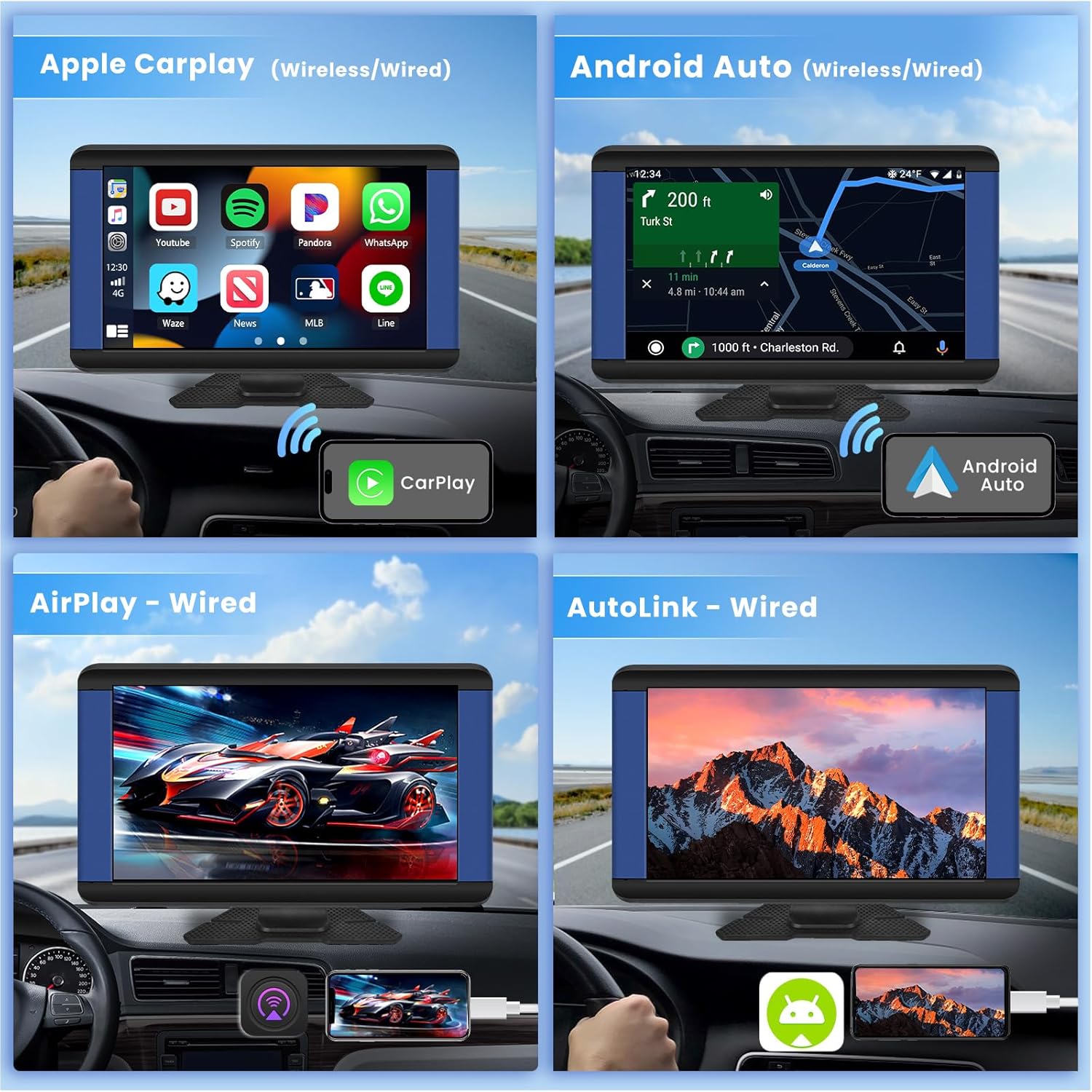 Inefala Estéreo portátil inalámbrico para automóvil Apple CarPlay de 7 pulgadas, soporte para tablero CarPlay con Android Auto, pantalla táctil