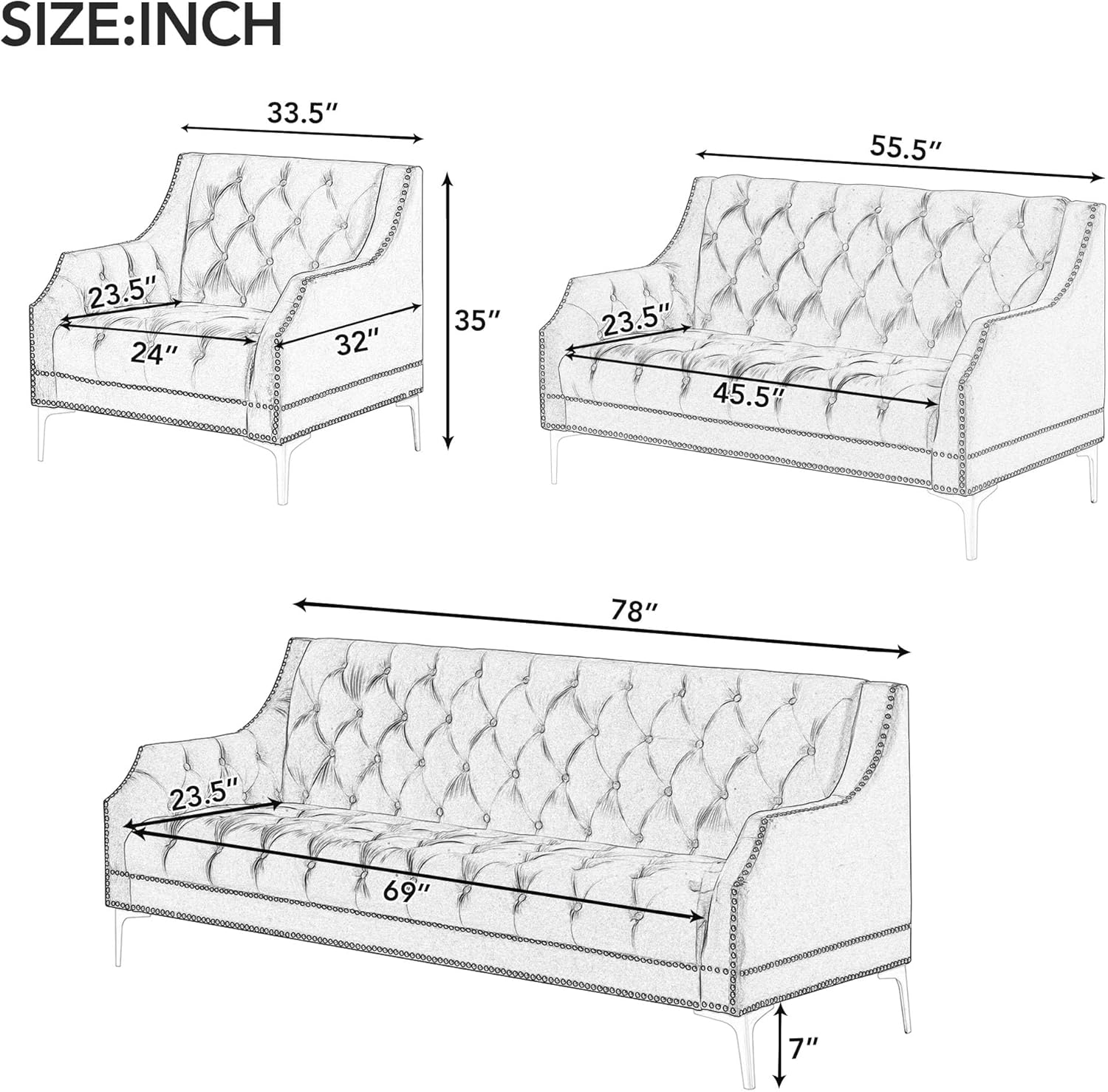 Sofá de 3 plazas, cómodos sofás para sala de estar, sofá tapizado moderno de mediados de siglo con patas de metal y botones en la parte posterior,