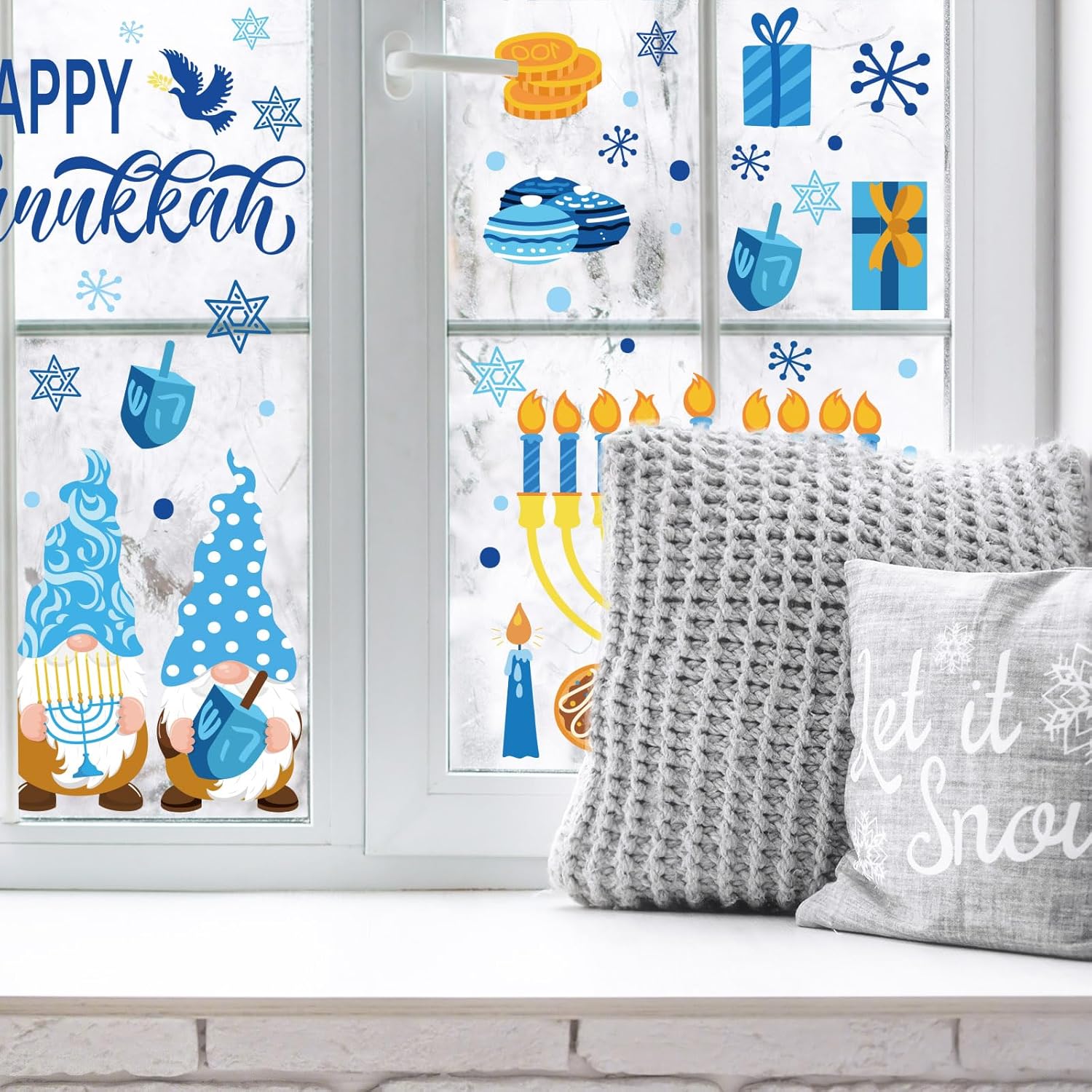 Whaline 151 calcomanías de ventana de Hanukkah de doble cara con diseño de gnomo de estrella de menorá azul-dorado, calcomanías de ventana con