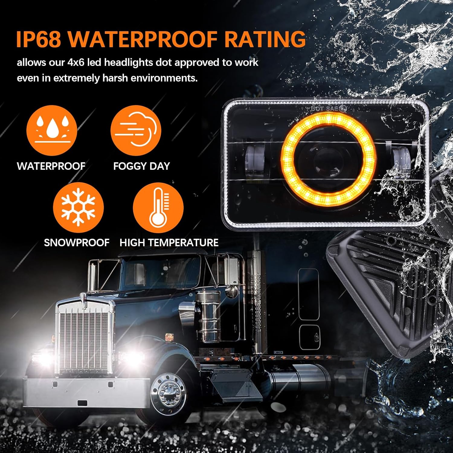 4X6 Led Headlights DOT Approved With 6500K High Low Beam High Brightness White DRL Amber Turn Signal Light Compatible for H4651 H4656 Peterbilt 379
