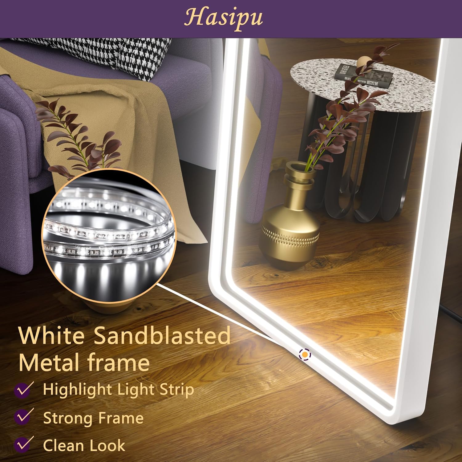Hasipu Espejo LED de 63 x 22 pulgadas de longitud completa, espejo de longitud completa con diseño de arco de luces, espejo de cuerpo completo,
