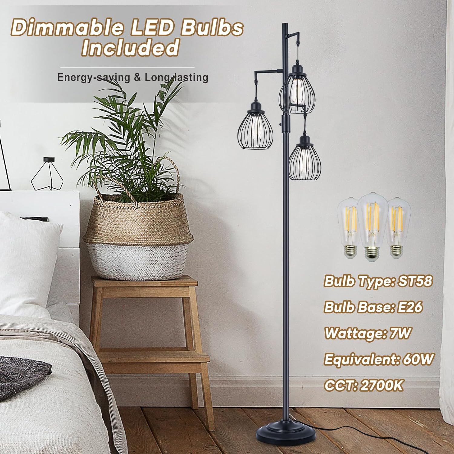 DYLBRIHOM Lámpara de pie regulable de 68.5 pulgadas, lámparas de pie industriales de granja con elegantes jaulas de lágrima, lámparas de pie