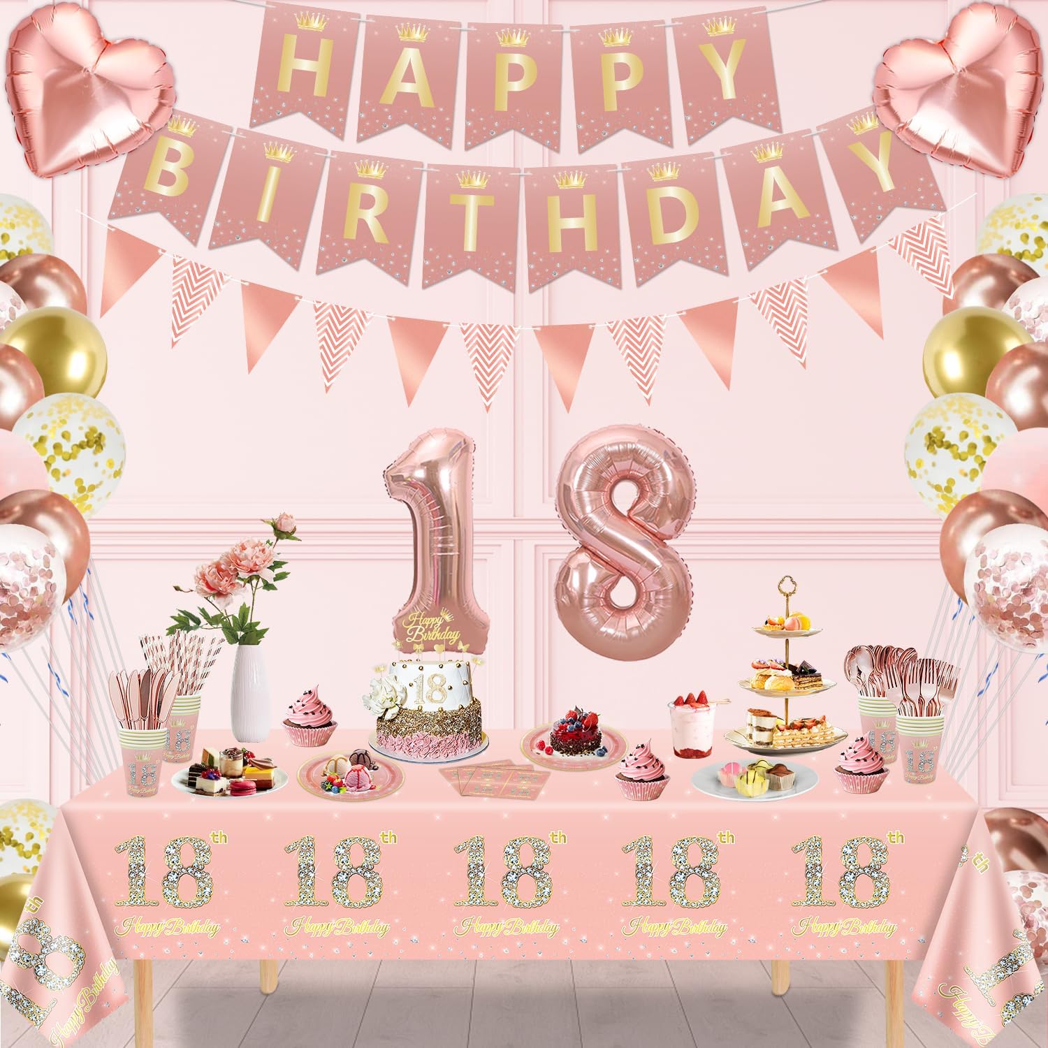 239 piezas de decoración de fiesta de cumpleaños número 18 de oro rosa para niñas, suministros de feliz cumpleaños 18 de oro rosa, juego de vajilla,