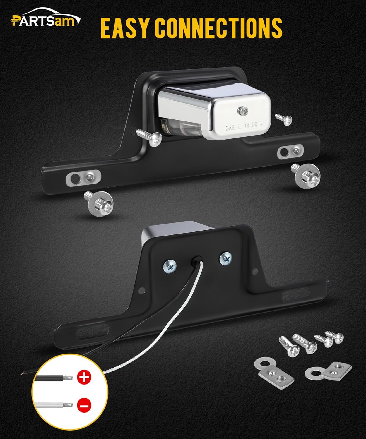 Partsam Luz LED para matrícula, cromada, impermeable, 12 V CC, con soporte, orificio de drenaje, soporte de acero, carcasa de ABS, lente como lente