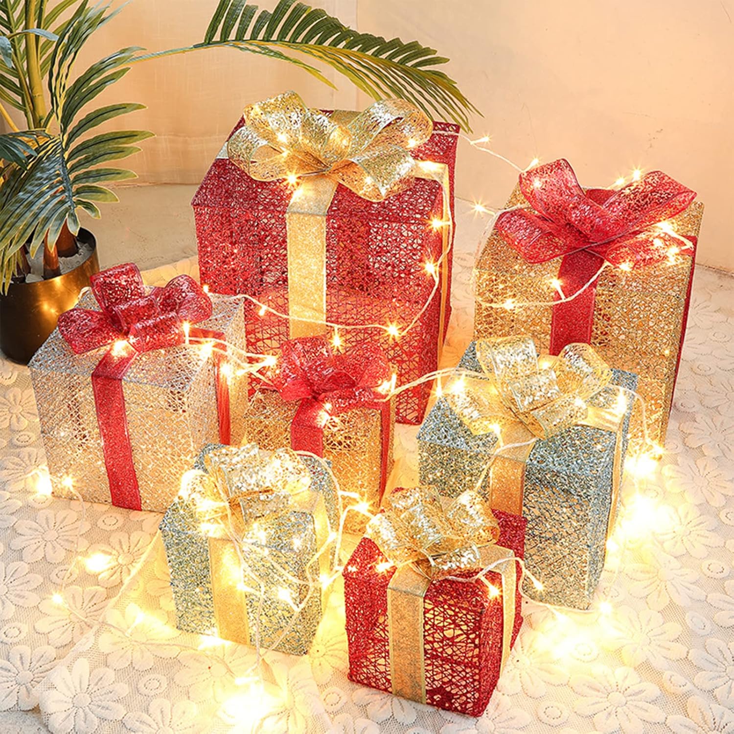 Juego de 3 cajas de regalo iluminadas de Navidad, cajas de regalo iluminadas de Navidad con lazo, cajas de regalo preiluminadas, cajas de Navidad