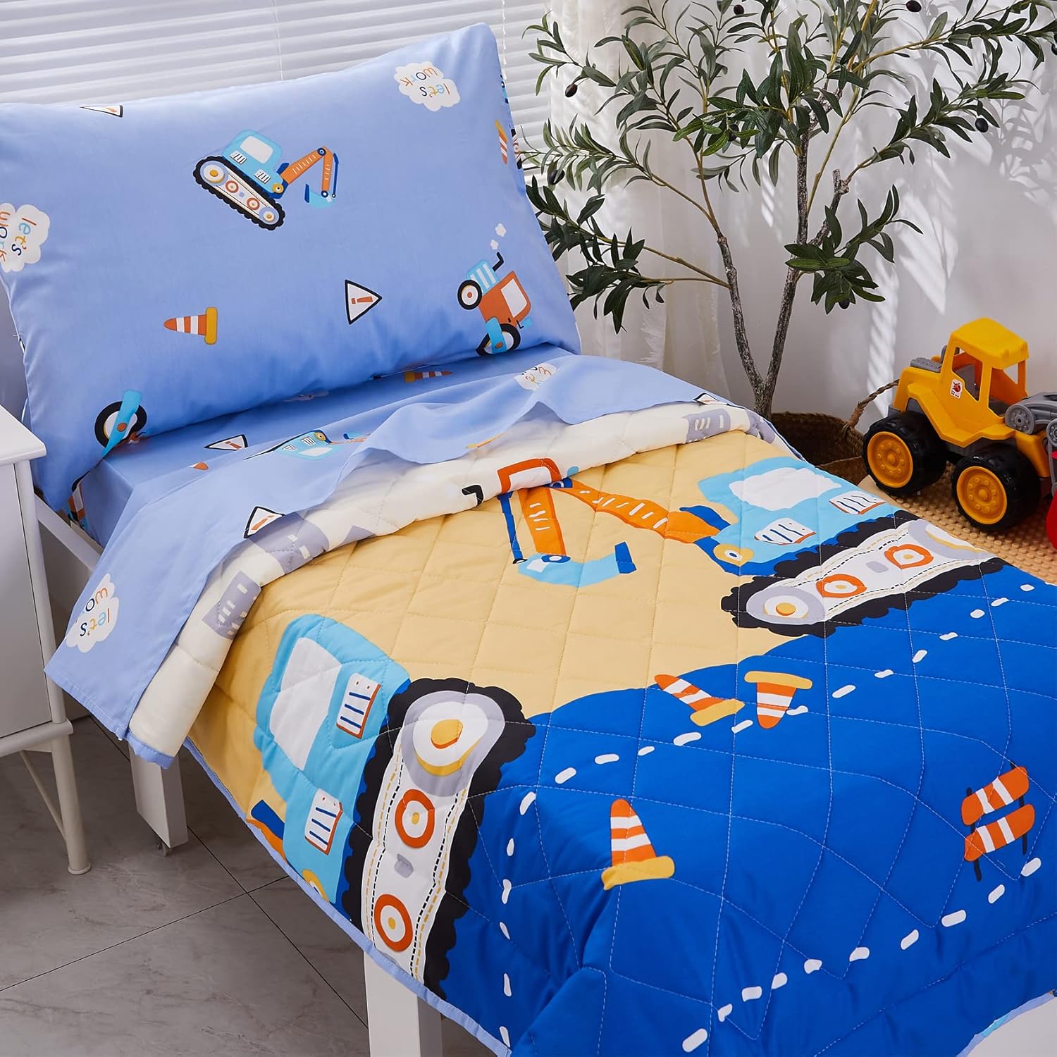 Brandream Juego de ropa de cama para niños pequeños, diseño de vehículos excavadores de construcción, cama de guardería en una bolsa, colcha de