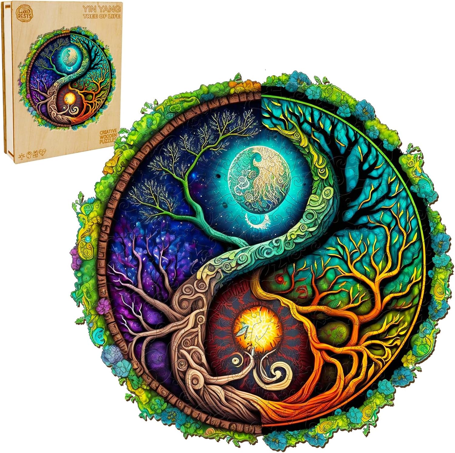 YIN YANG – Rompecabezas de madera para adultos, árbol de la vida, rompecabezas de forma única (S, 100 piezas, 7.9 x 7.9 pulgadas), rompecabezas
