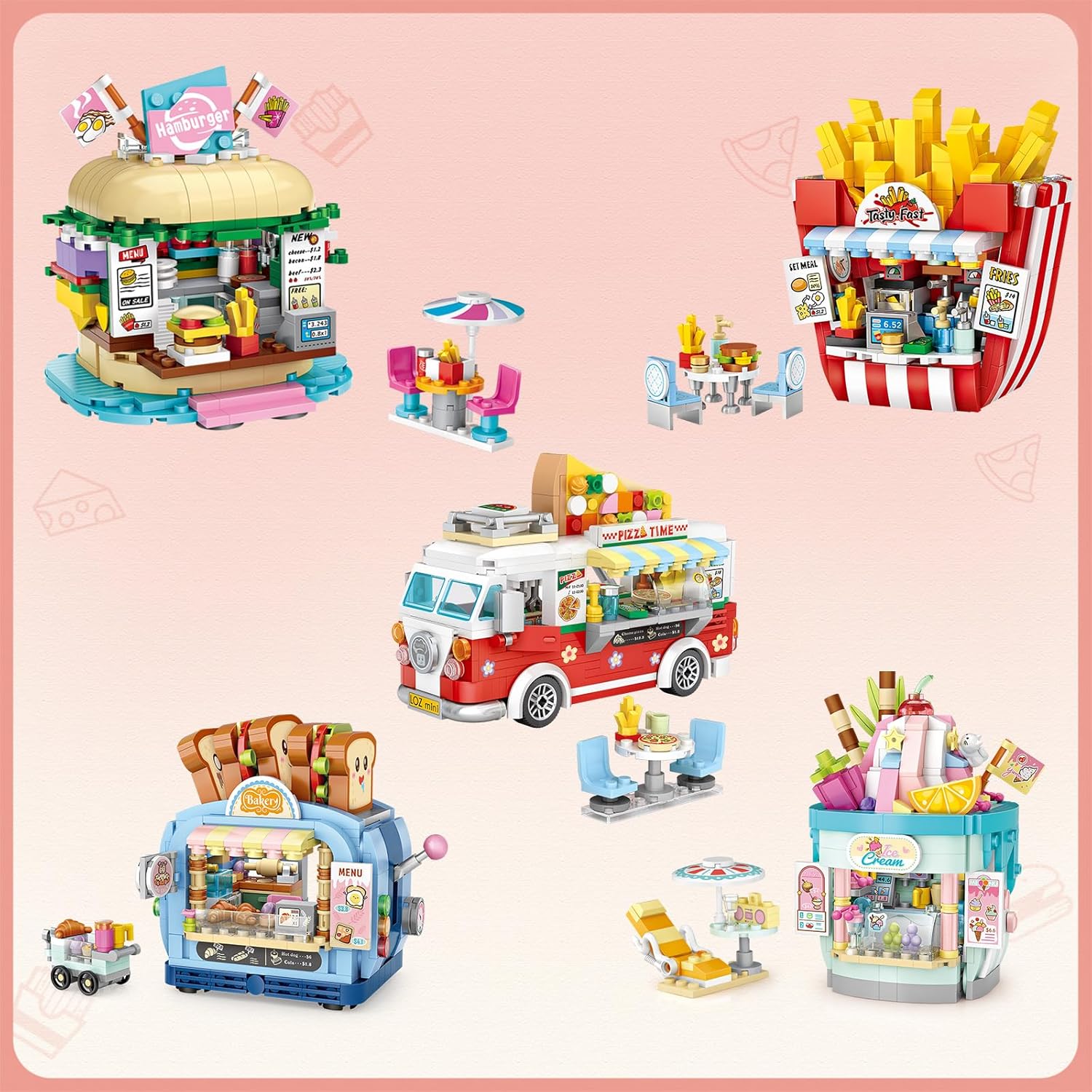 Burger Shop – Juego de bloques de construcción para parque de atracciones, juego de ladrillos, kit de construcción de corsario para niños y adultos