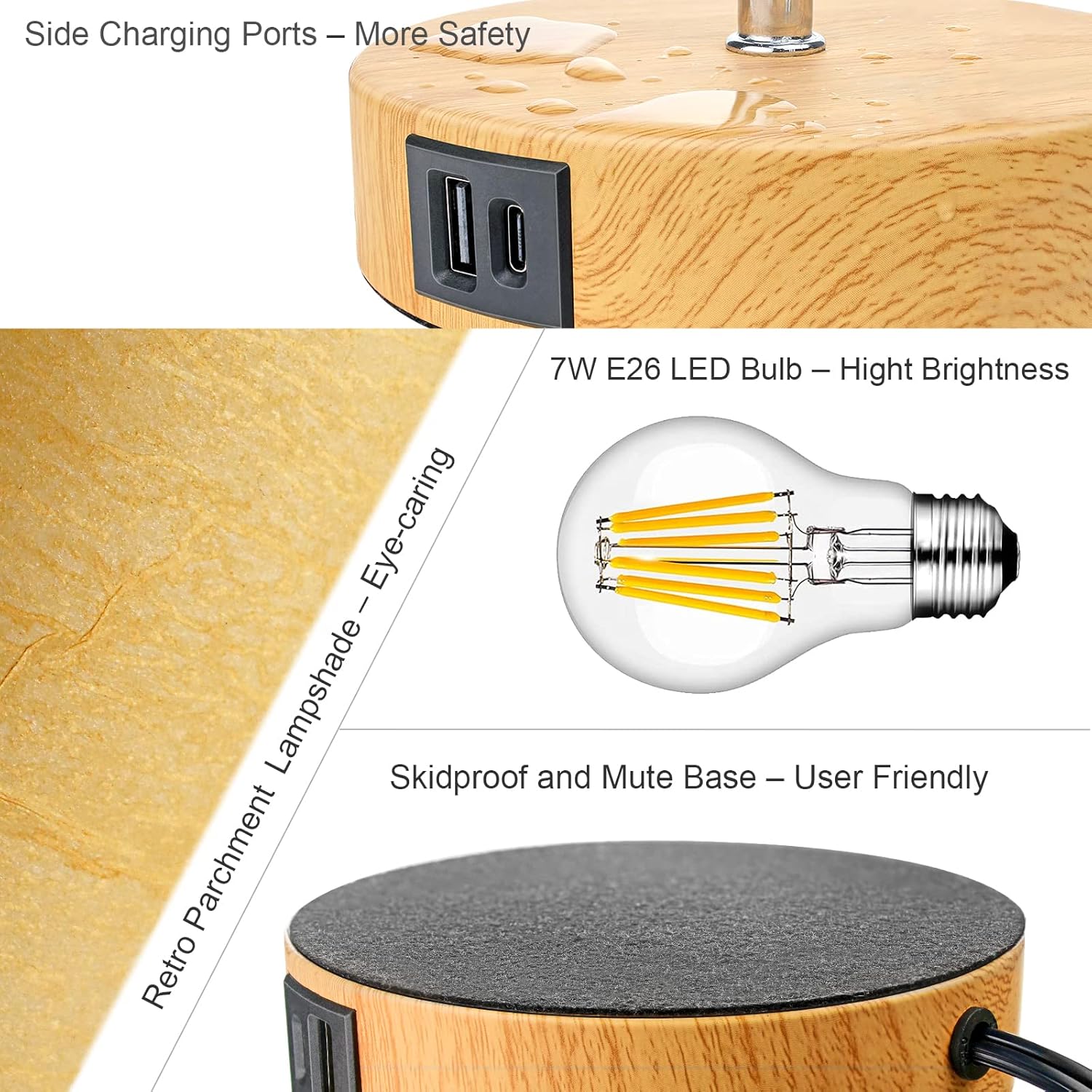 Lámpara de mesita de noche de 15.75 pulgadas con control táctil, puertos de carga USB A+C y salida de CA, mesa de noche regulable de 3 vías, luz LED