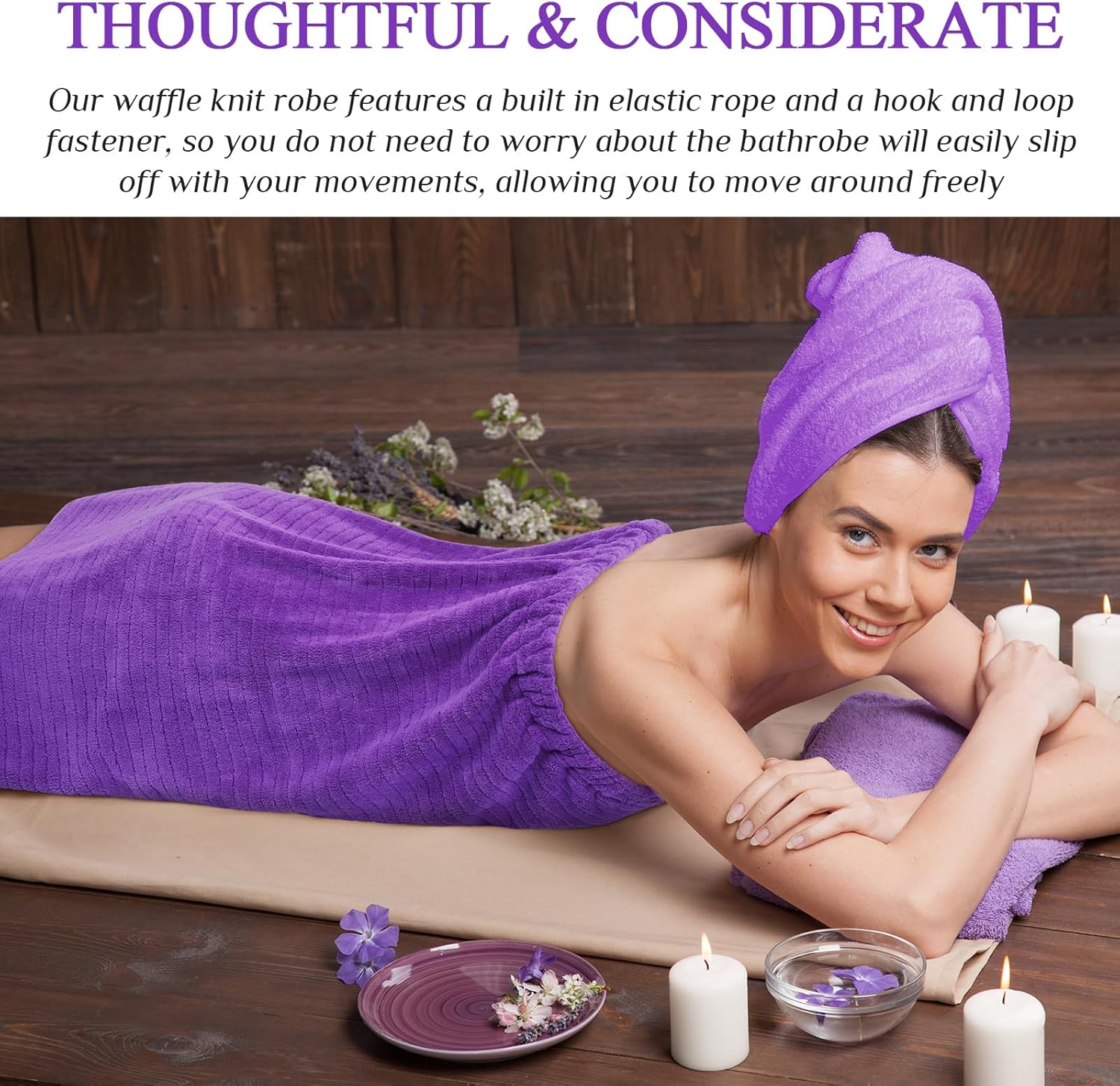 4 toallas de spa para mujer, bata de spa con cierre ajustable, parte superior elástica, envolturas ligeras para baño y ducha (morado, rayas)
