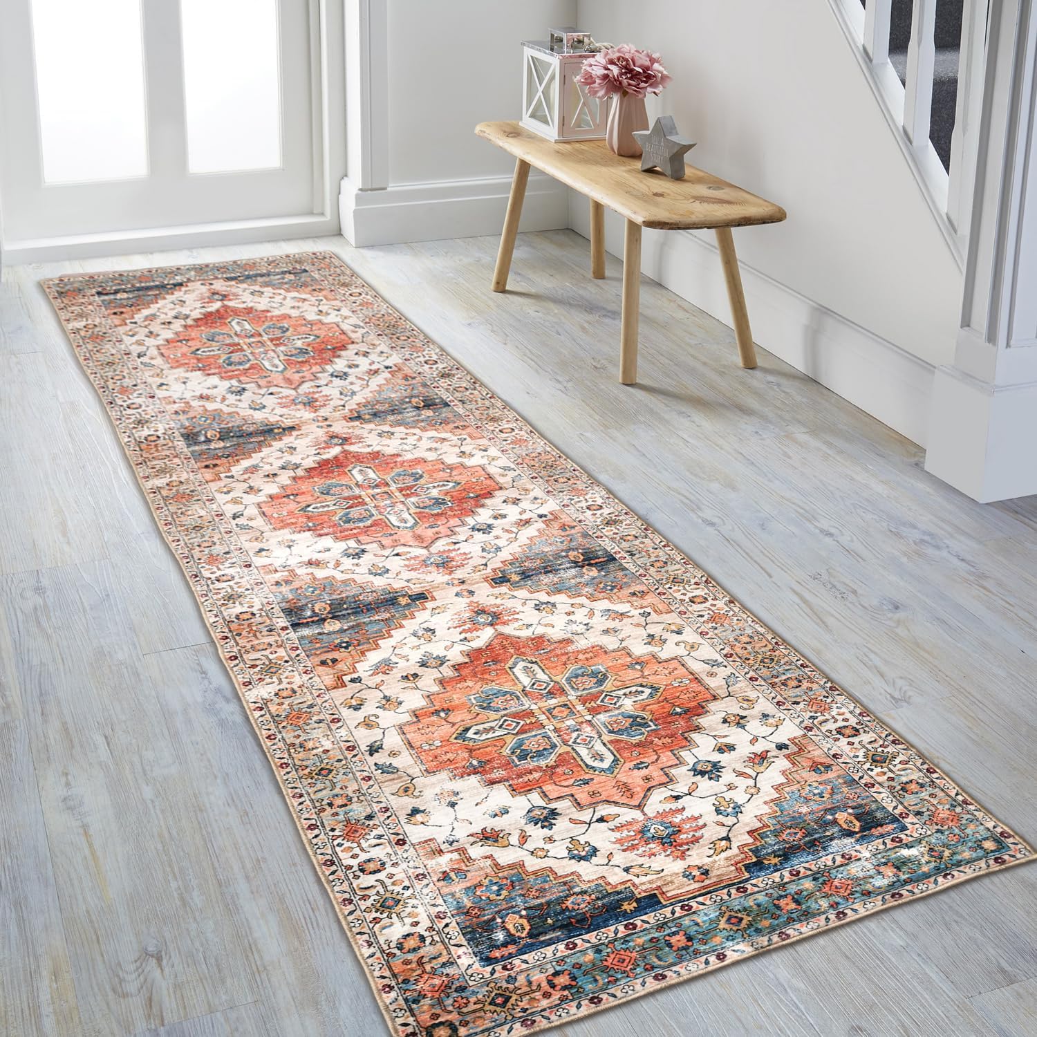 Aopota Hallway Runner Rug with Rubber Backing Low Pile Large Rug Runner Vintage Rug Retro Distressed Carpet Thin Foldable Non Slip Bathroom Kitchen