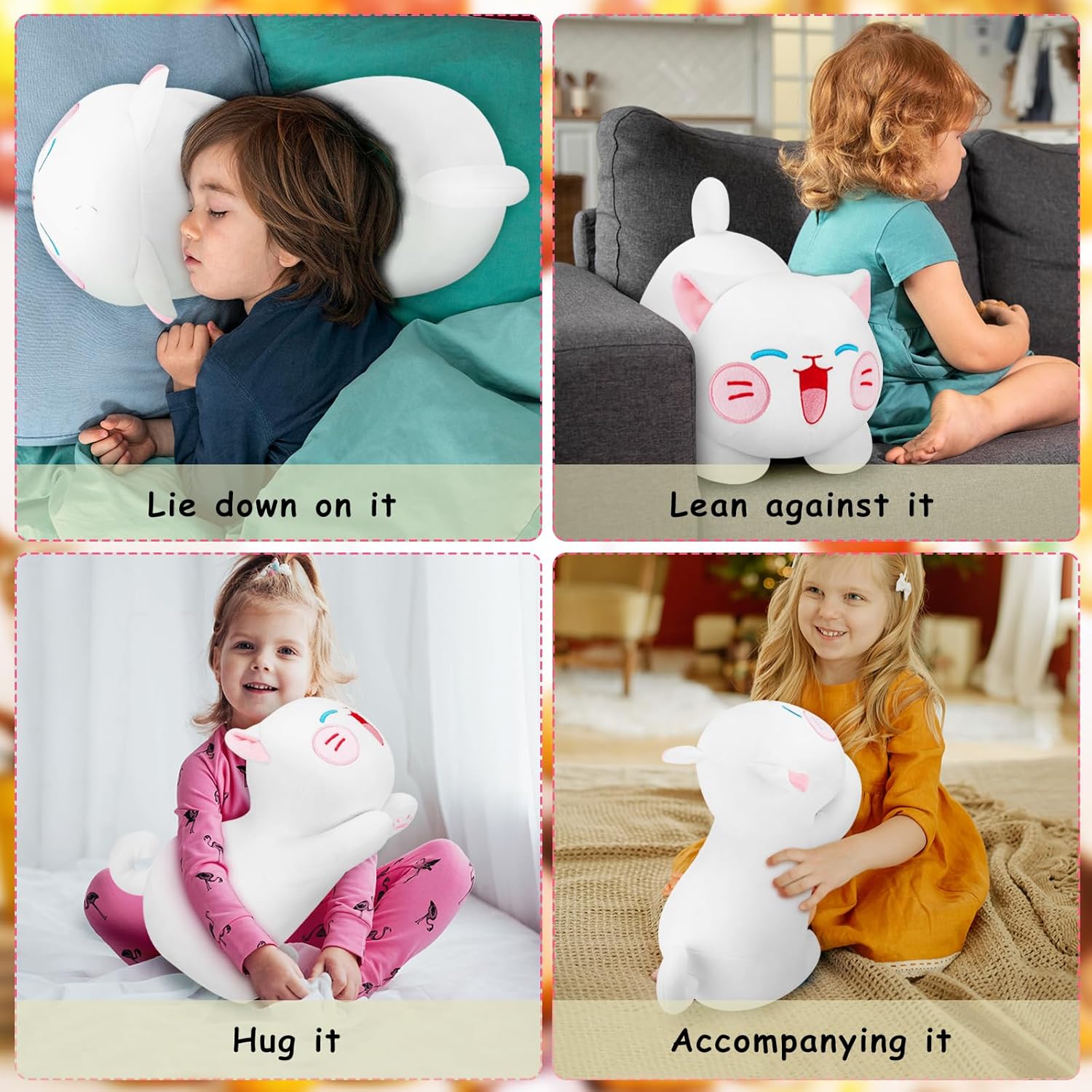 Almohada de felpa de gato, juguete de peluche de gato blanco, almohada suave de felpa kawaii para abrazar, lindo peluche de gato para niños y