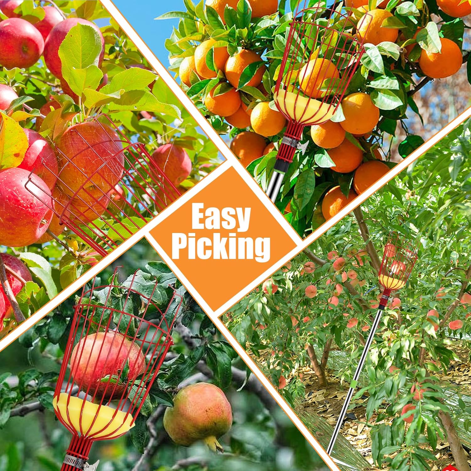 Herramienta de recolección de frutas con bolsa de almacenamiento, herramienta de recogida de naranjas de acero inoxidable, poste ligero de