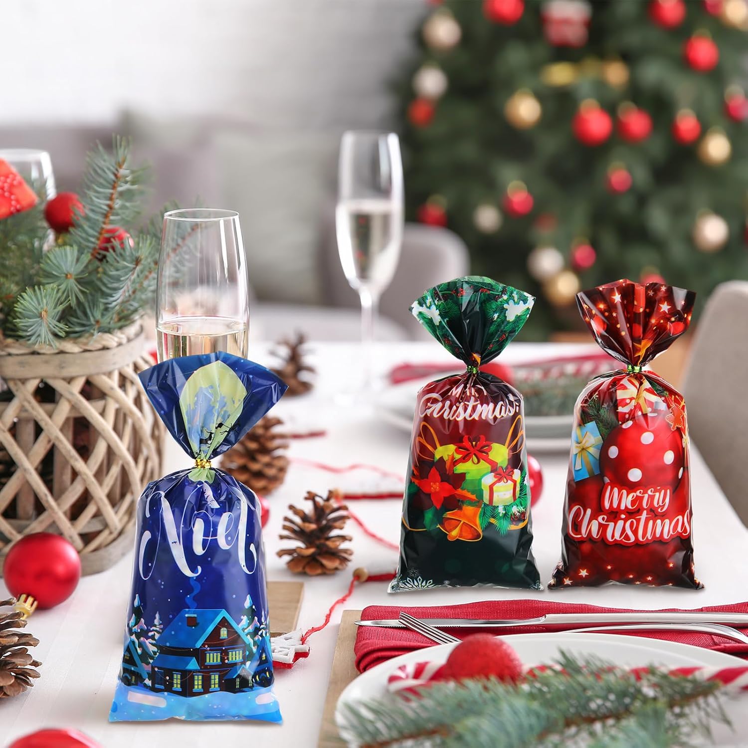 200 bolsas de dulces de celofán de Navidad a granel, bolsas de palomitas de maíz, bolsas de plástico de Papá Noel, sombrero de Navidad, muñeco de