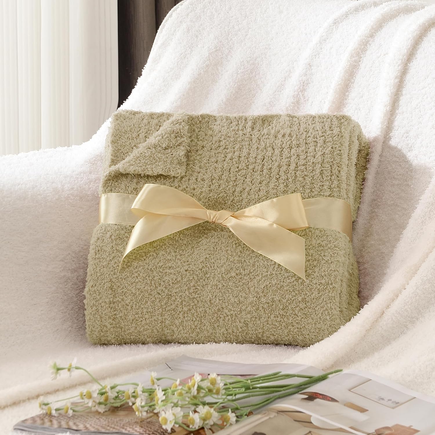 Manta de punto súper suave y cálida para sofá, manta ligera y acogedora para cama o sofá, 50 x 60 pulgadas, color beige