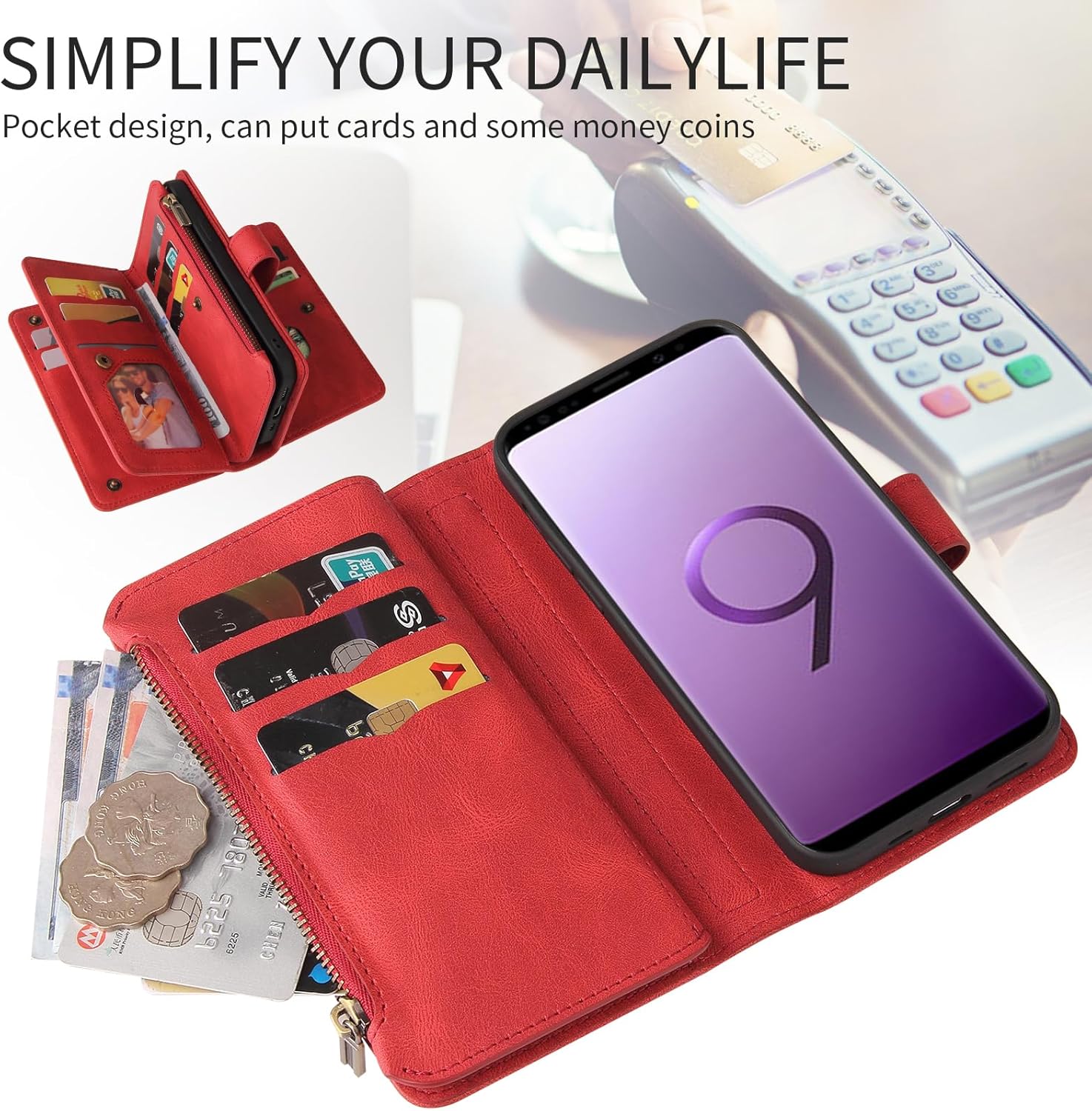 Asuwish Funda de teléfono para Samsung Galaxy S9 con protector de pantalla de vidrio templado y correa para la muñeca de cuero con tapa para tarjeta