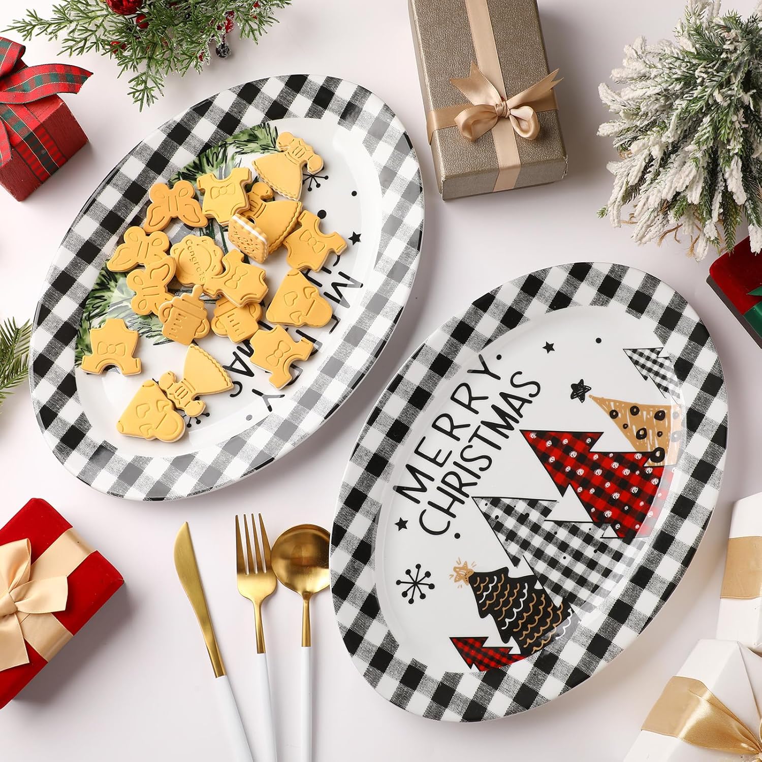 Kigley 2 platos ovalados de cerámica para árbol de Navidad, platos decorativos de búfalo blanco y negro, platos decorativos para árboles de Navidad