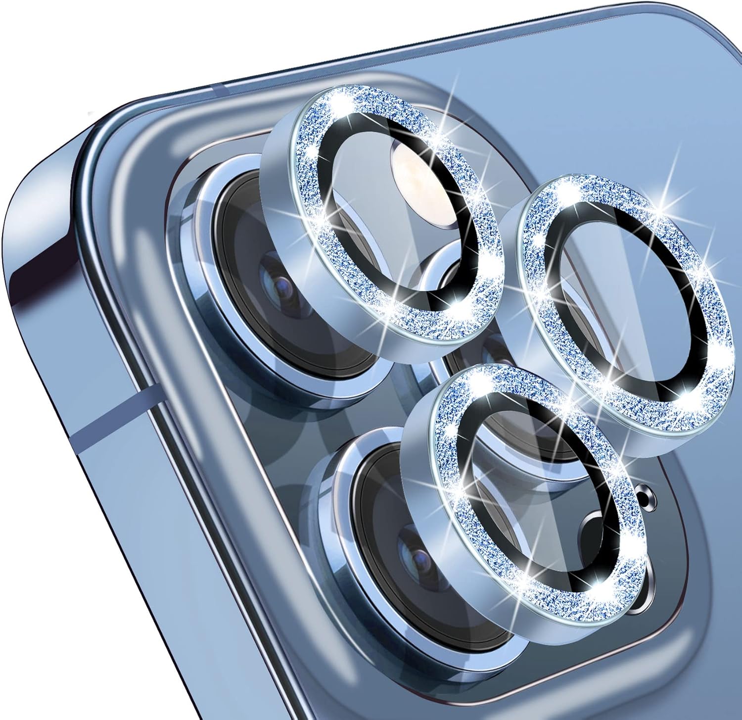 Hsefo Protector de lente de cámara para iPhone 13 Pro y iPhone 13 Pro Max, cubierta de cámara de vidrio templado 9H con purpurina brillante,