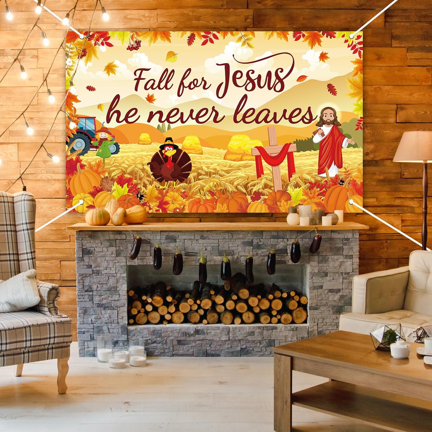 Cartel grande de otoño para Jesús, decoración de otoño para Jesús, telón de fondo de calabaza hoja de arce, decoración de fiesta de Acción de