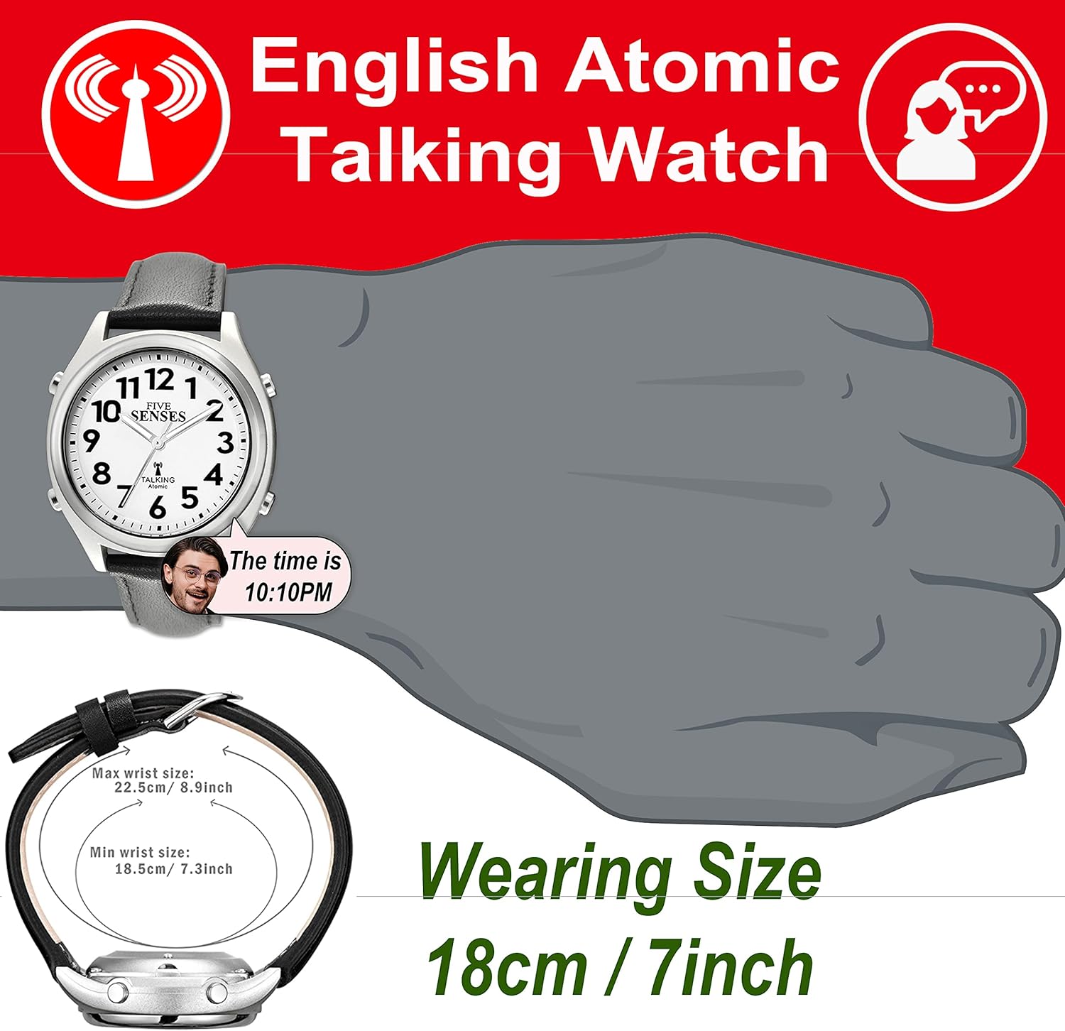 Five Senses Reloj de habla atómica inglesa para personas mayores con despertador más fuerte con discapacidad visual 1099, Moderno