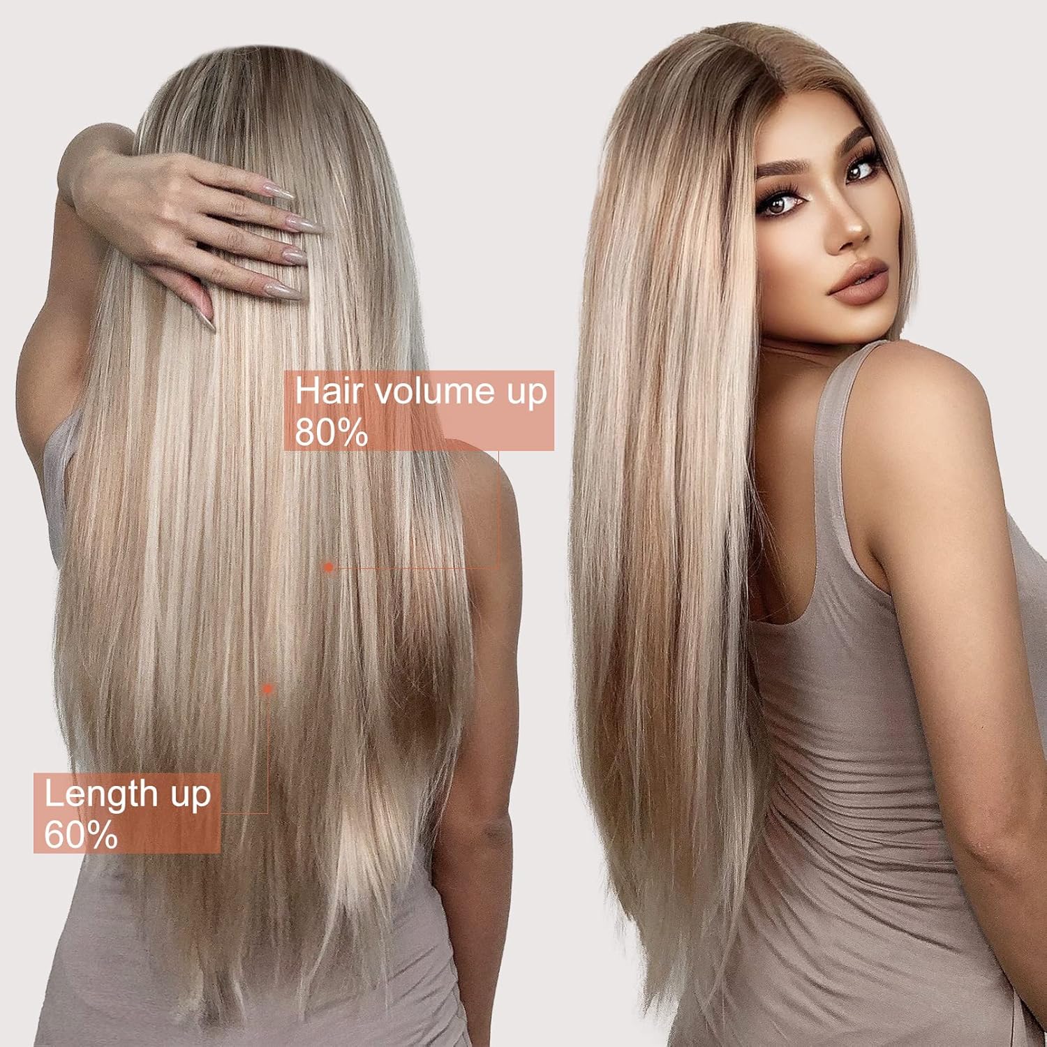 YOGFIT Extensiones de cabello sintético largo y liso con clip, de 24 pulgadas, 6 unidades, balayage, marrón ceniza con rubio blanco, extensiones