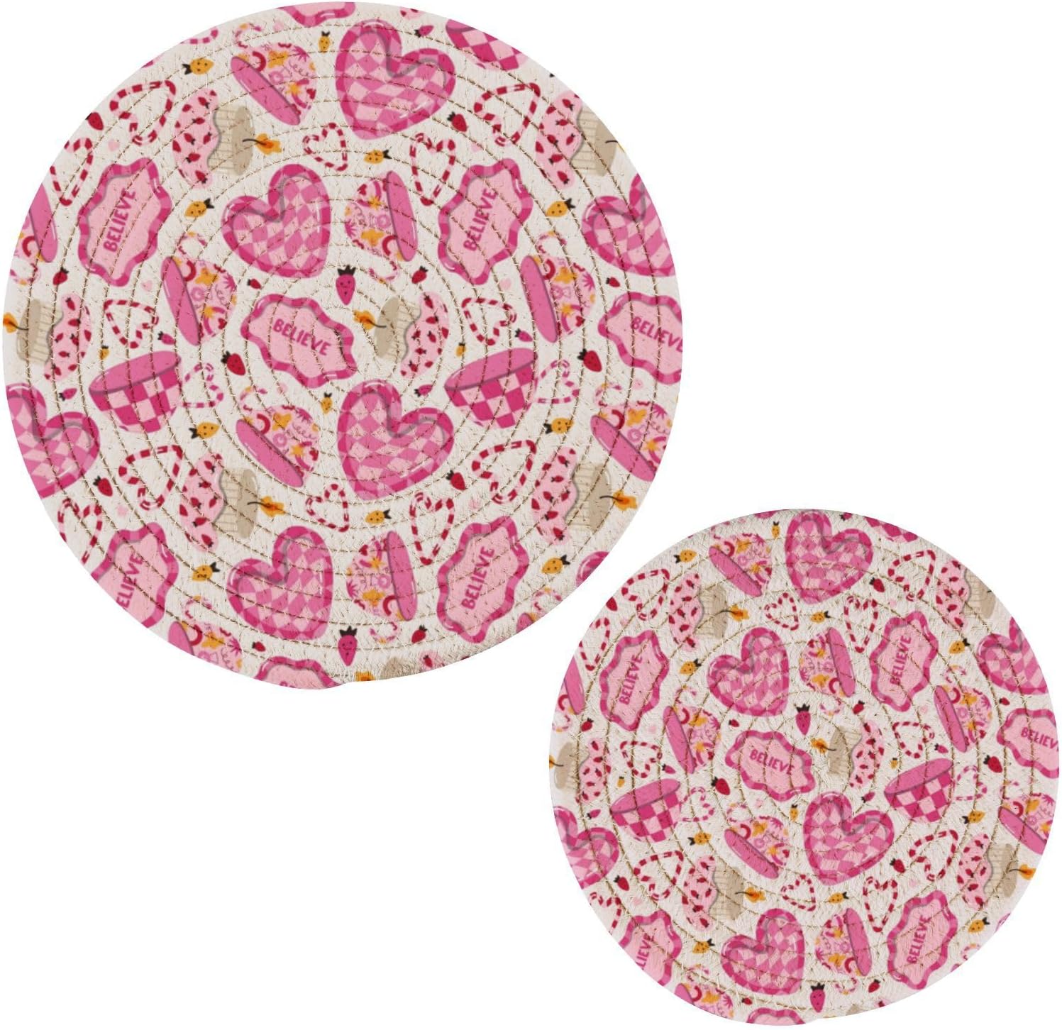 Utensil Doodle Strawberry Pink Hot Mats Pads for Kitchen Heat Resistant Round Trivet Mat for Coaster Hot Pots Pans Cotton Woven Trivet Pot Holders