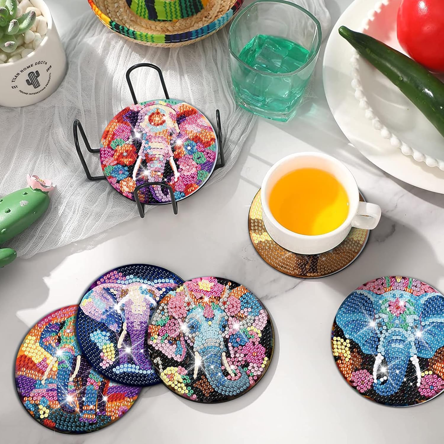 Juego de 8 posavasos de elefante con diamantes con soporte, posavasos de arte de diamante de elefante con bases de corcho para adultos, kits de