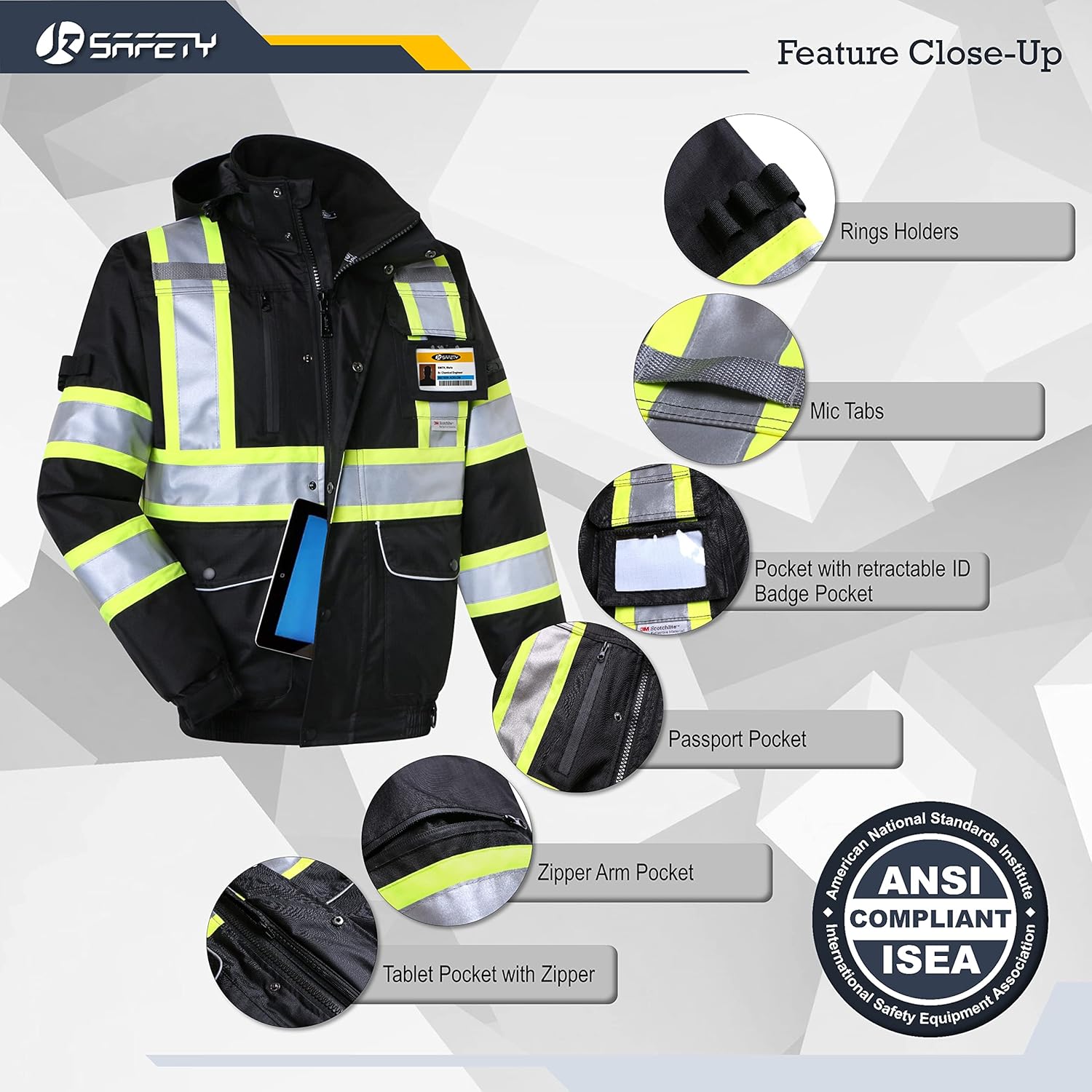 JKSafety Chaqueta bomber de invierno reflectante 3M impermeable de alta visibilidad con 10 bolsillos, color negro, bolsillo seguro para tableta,