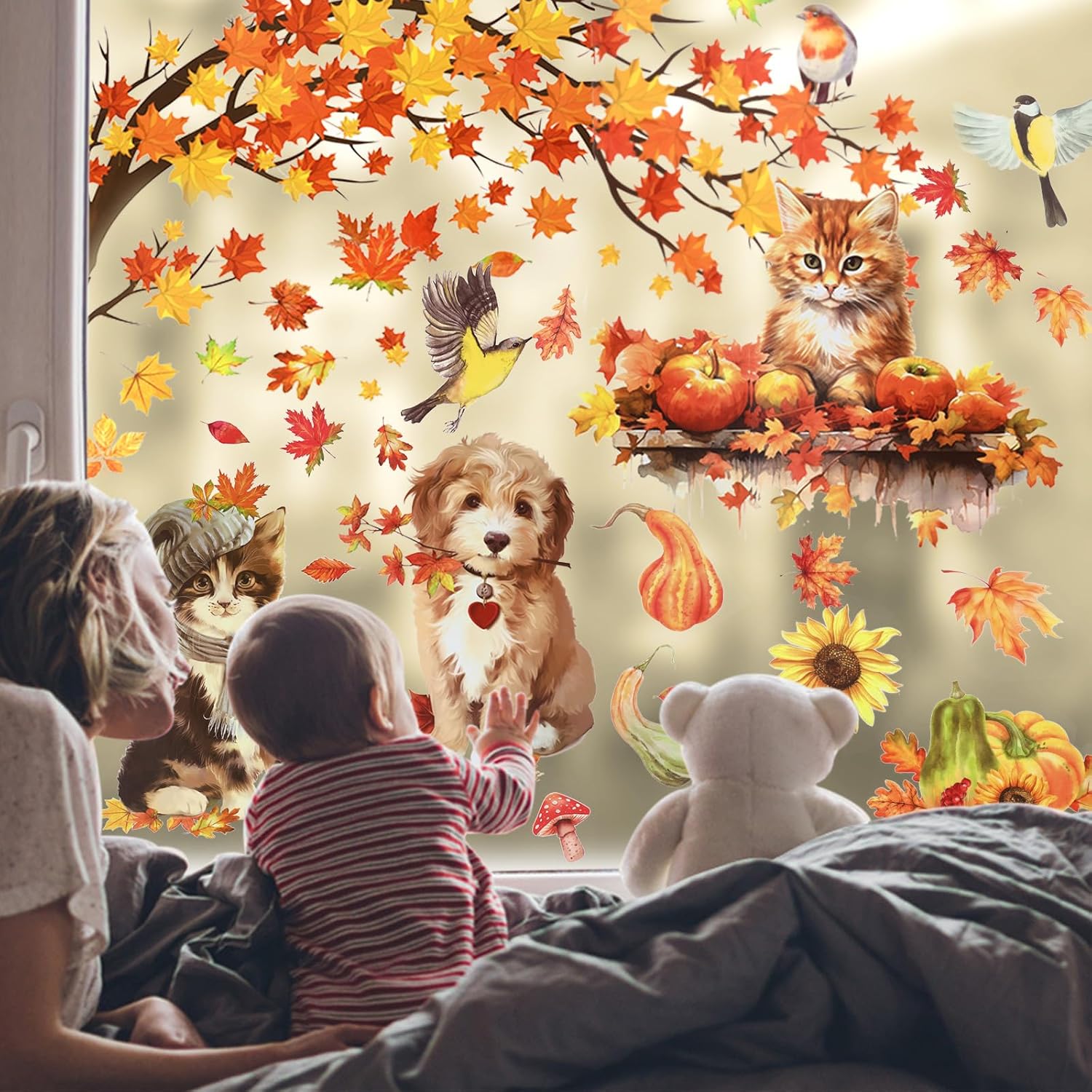 HOWAF 9 hojas de calcomanías para ventana de otoño, cosecha de otoño, perros, gatos, hojas de arce, calabaza, calcomanías de ventana para decoración