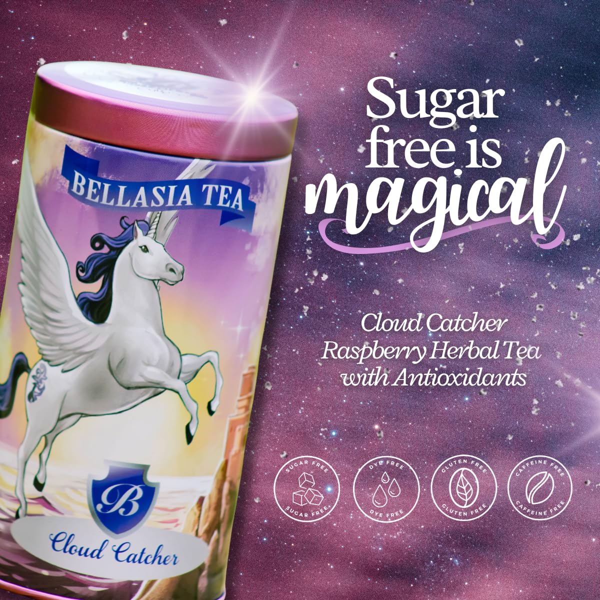 Cloud Catcher by Bellasia Tea, té de hierbas de frambuesa, sin azúcar, sin cafeína, rico en antioxidantes, sabor a fruta retorcida, té para niños,
