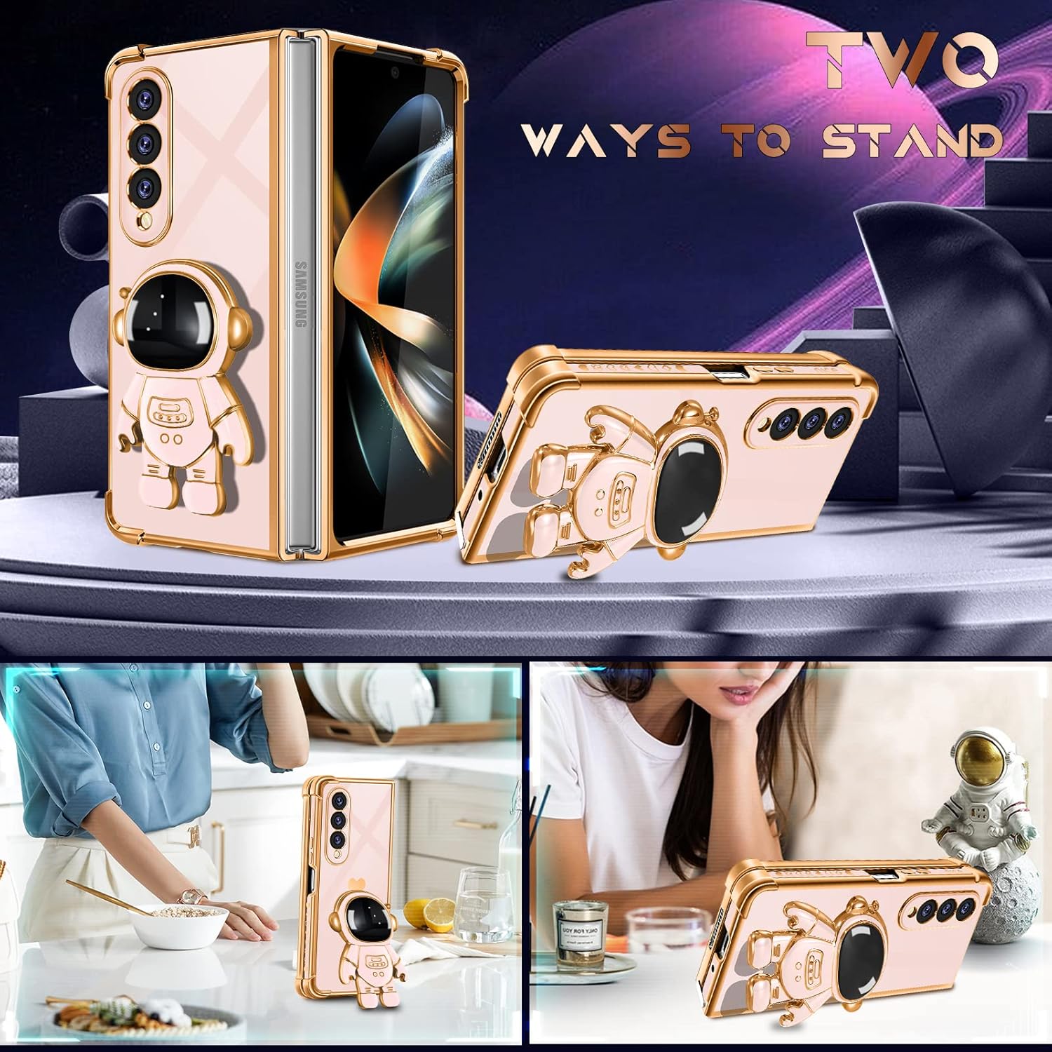 Coralogo Funda para Samsung Galaxy Z Fold 4, diseño de astronauta linda para mujeres y niñas, con soporte oculto de astronauta, diseño 6D para
