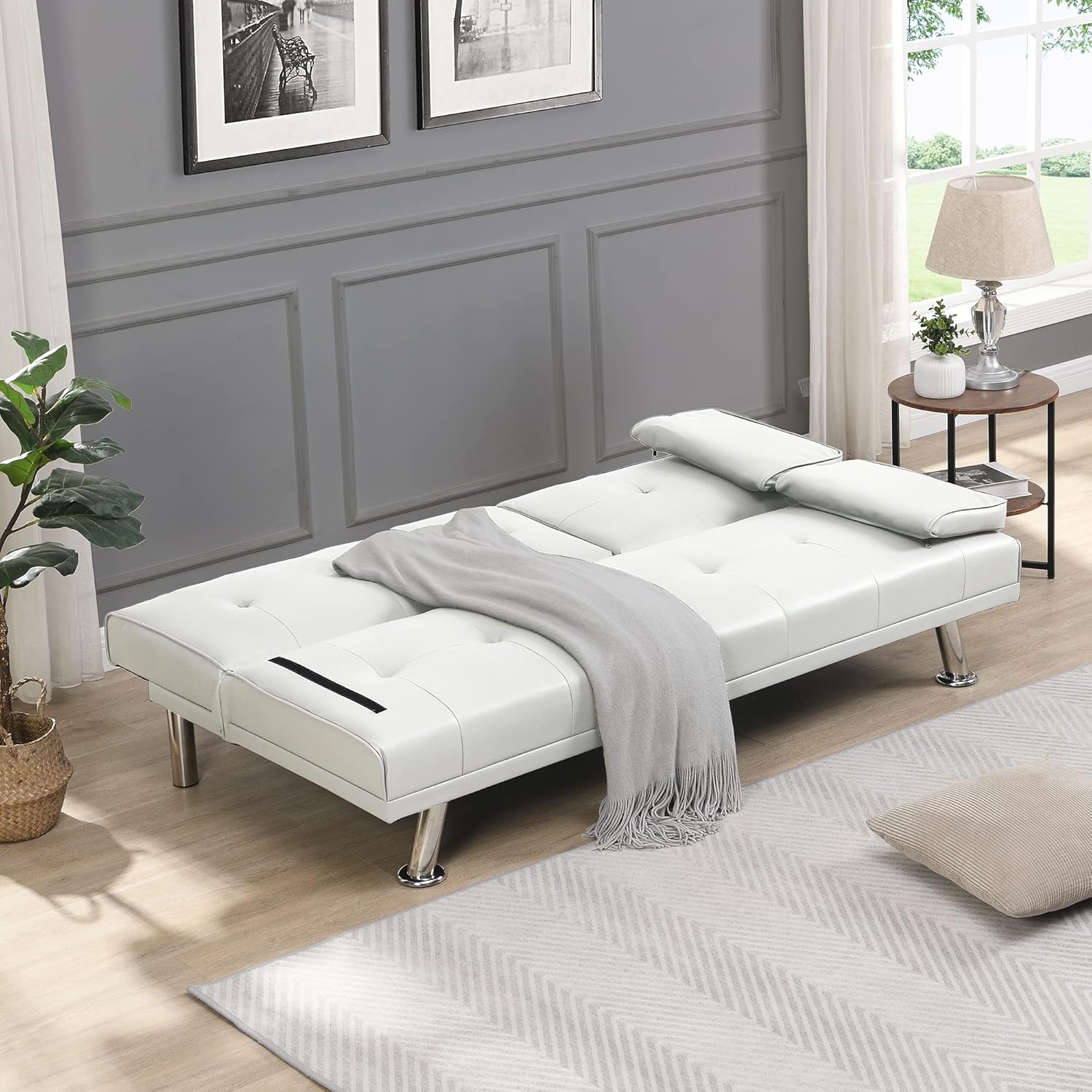 Futón, sala de estar de cuero moderna, sofá biplaza plegable convertible, sofá cama extraíble con 2 portavasos con reposabrazos en el medio, blanco