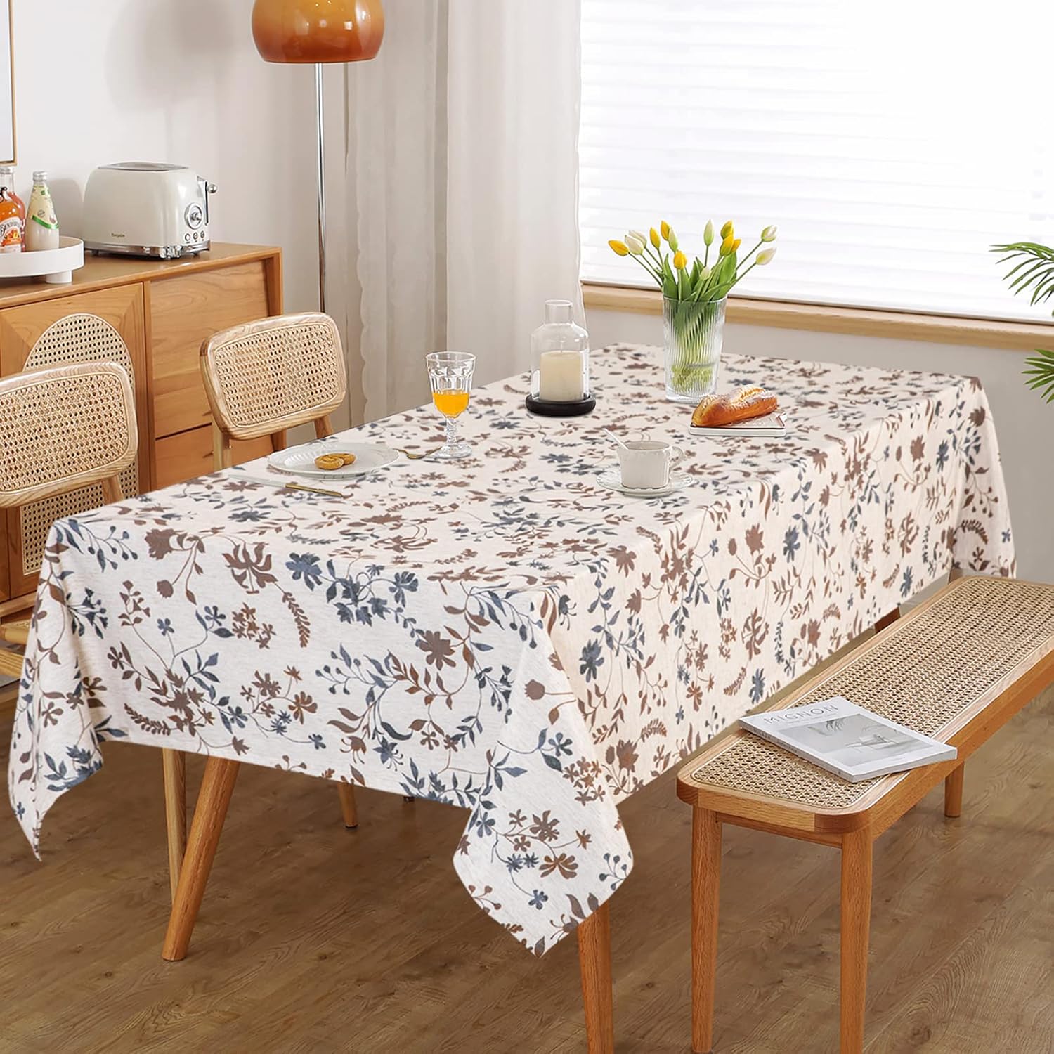 MYSKY HOME Mantel rústico clásico de tela de lino con estampado de hojas marrones, impermeable, decoración de granja, 60 x 102 pulgadas,