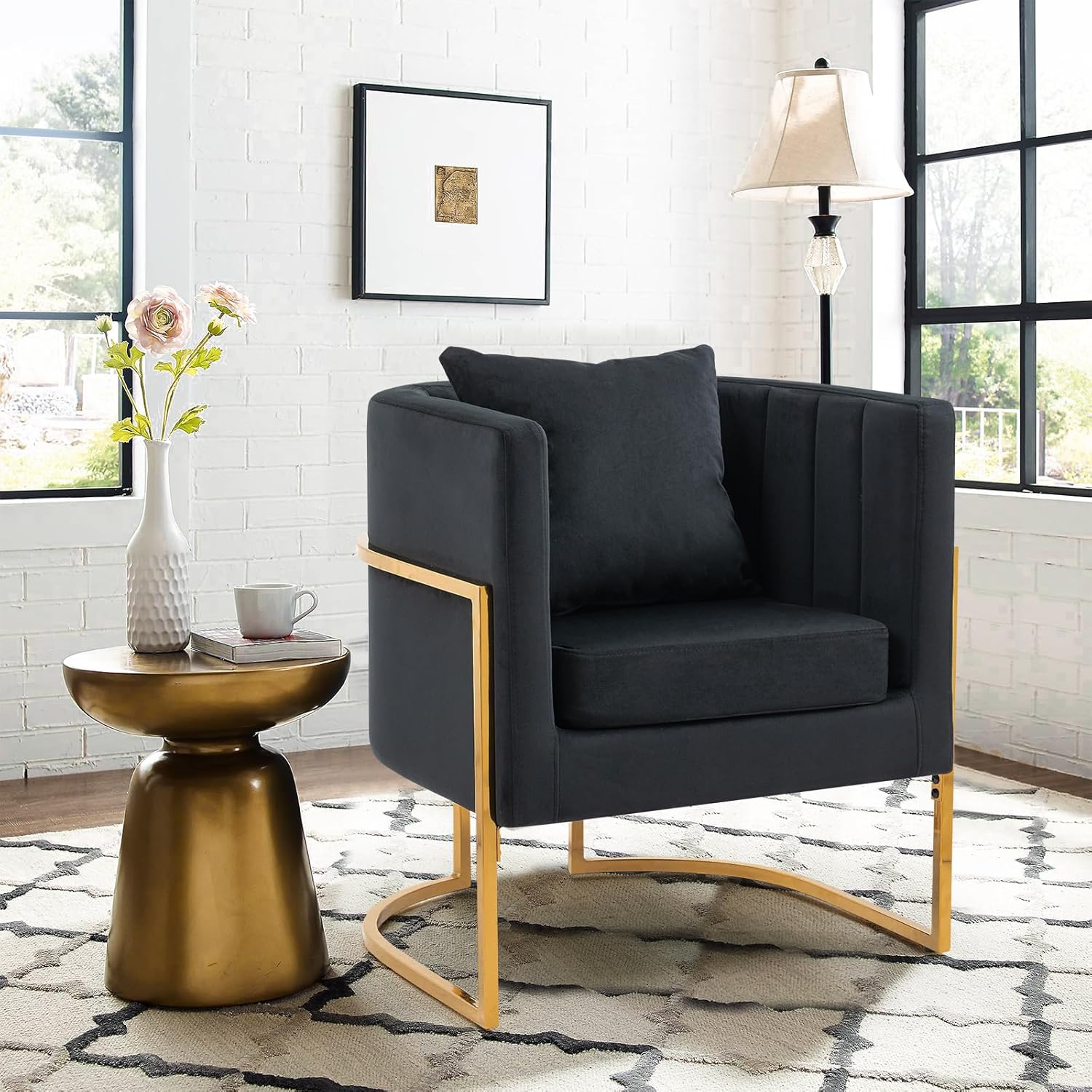Newnno Silla decorativa moderna de terciopelo, sillón tapizado de mediados de siglo con almohada para sala de estar, cómoda silla de tocador