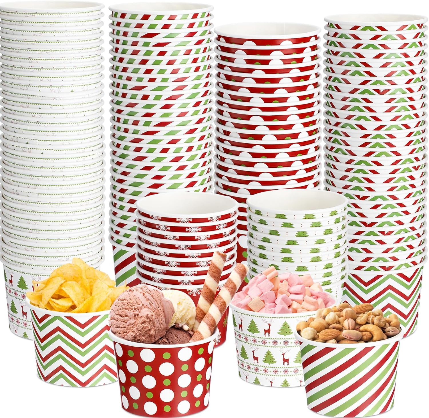 Cuencos desechables de postre de Navidad, de 9 onzas, cuencos de papel de Navidad para golosinas de Navidad, tazones de helado a rayas con copos de