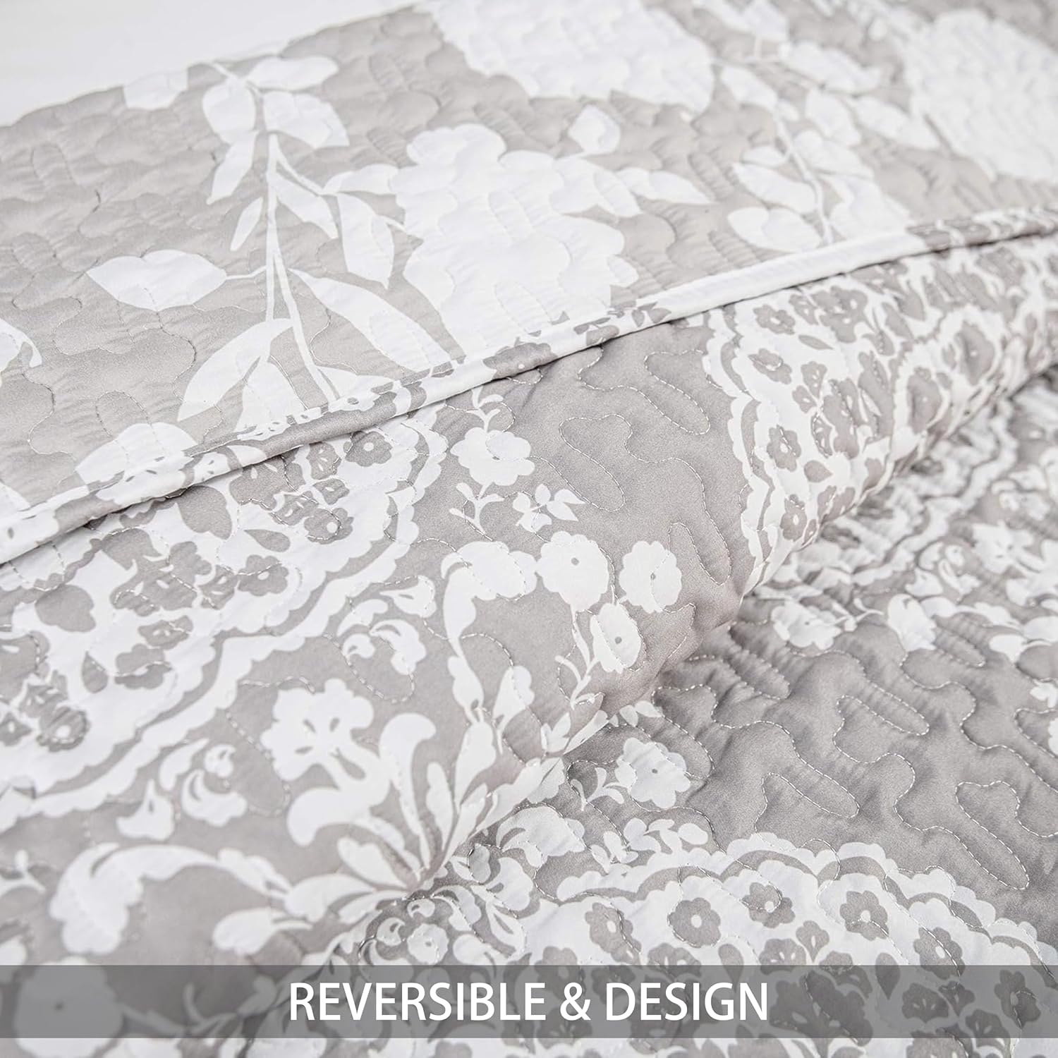 DriftAway Samantha – Juego de edredón reversible de 3 piezas, cubrecama con patrón de medallón floral, prelavado, Greige Queen