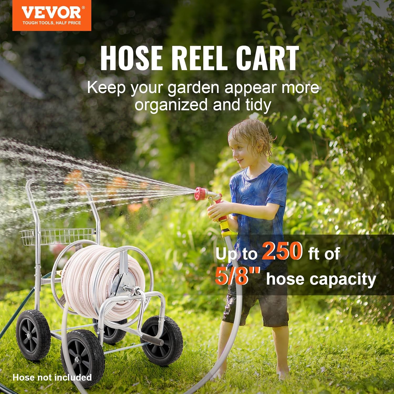 VEVOR Carro de carrete de manguera, soporta hasta 250 pies de manguera de 58 pulgadas, carrito de manguera de agua de jardín, herramientas móviles