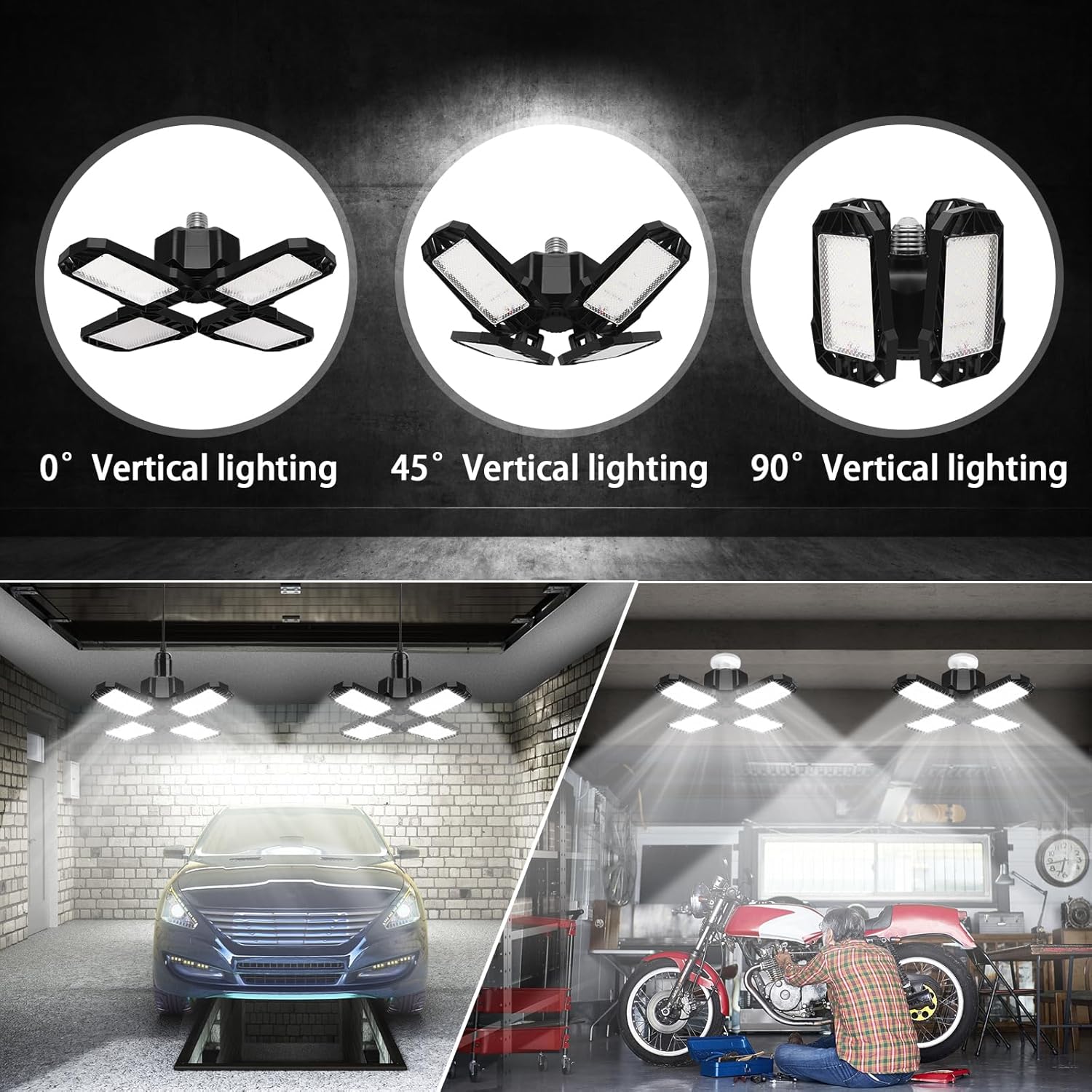 AUDLES Luz de garaje, luces LED de 150 W, luz LED E26E27 para garaje, luces de techo LED súper brillantes con 4 paneles deformables Iluminación de